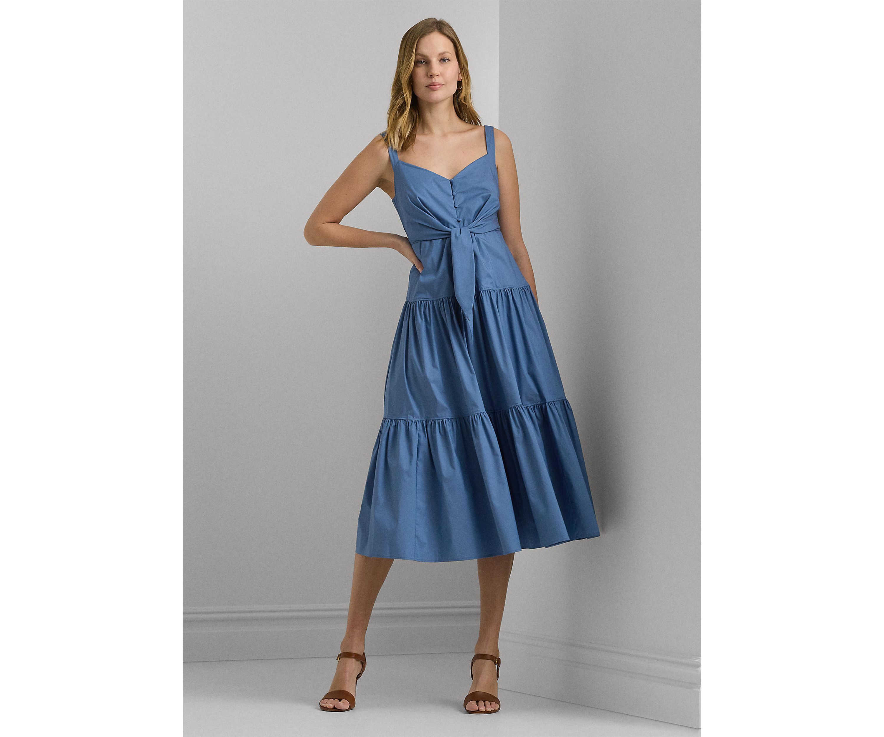 Cotton Blend Tie Front Tiered Dress