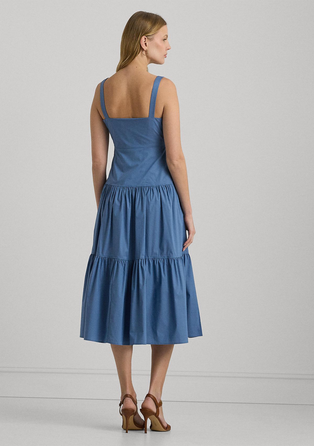 Cotton Blend Tie Front Tiered Dress