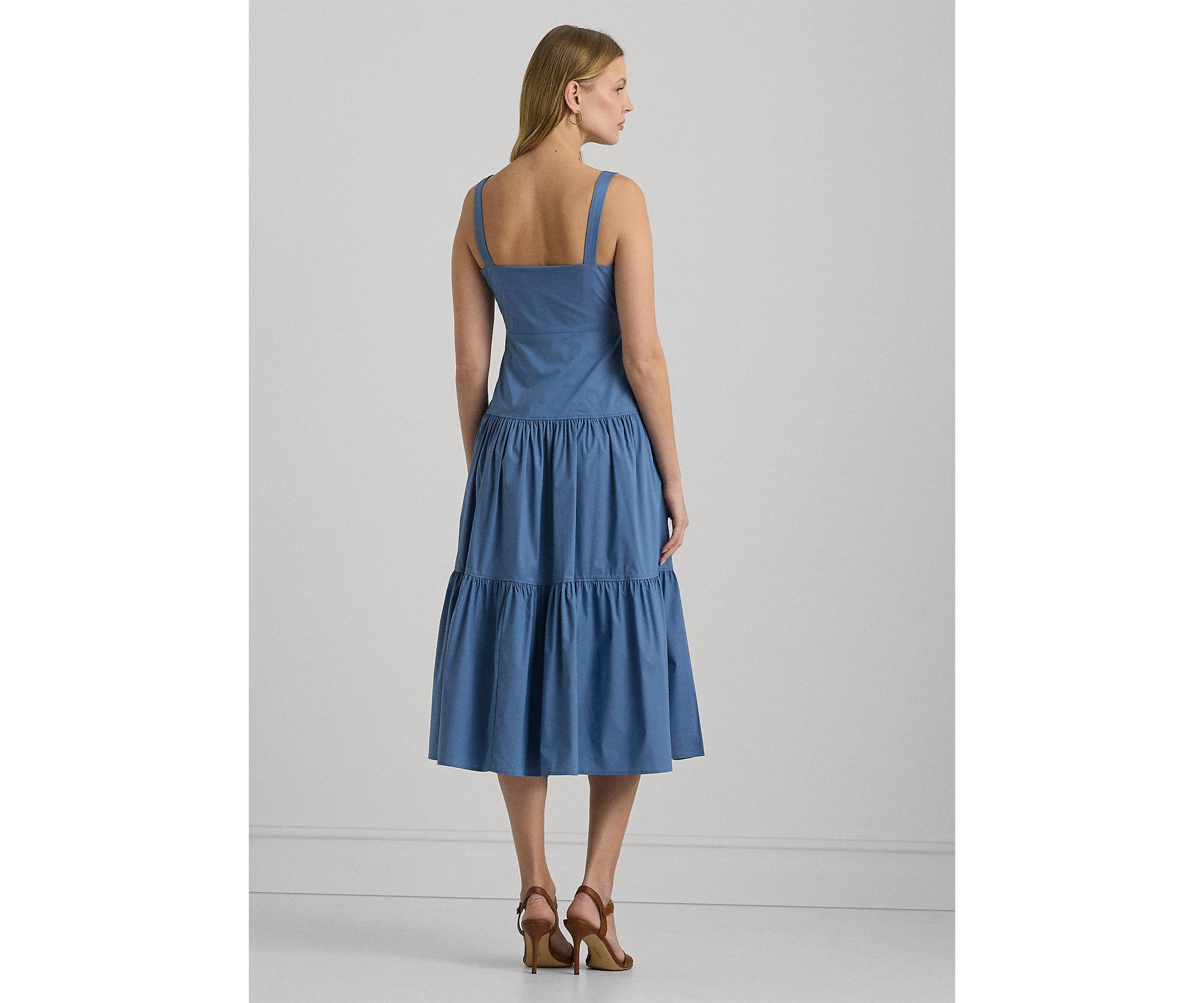 Cotton Blend Tie Front Tiered Dress