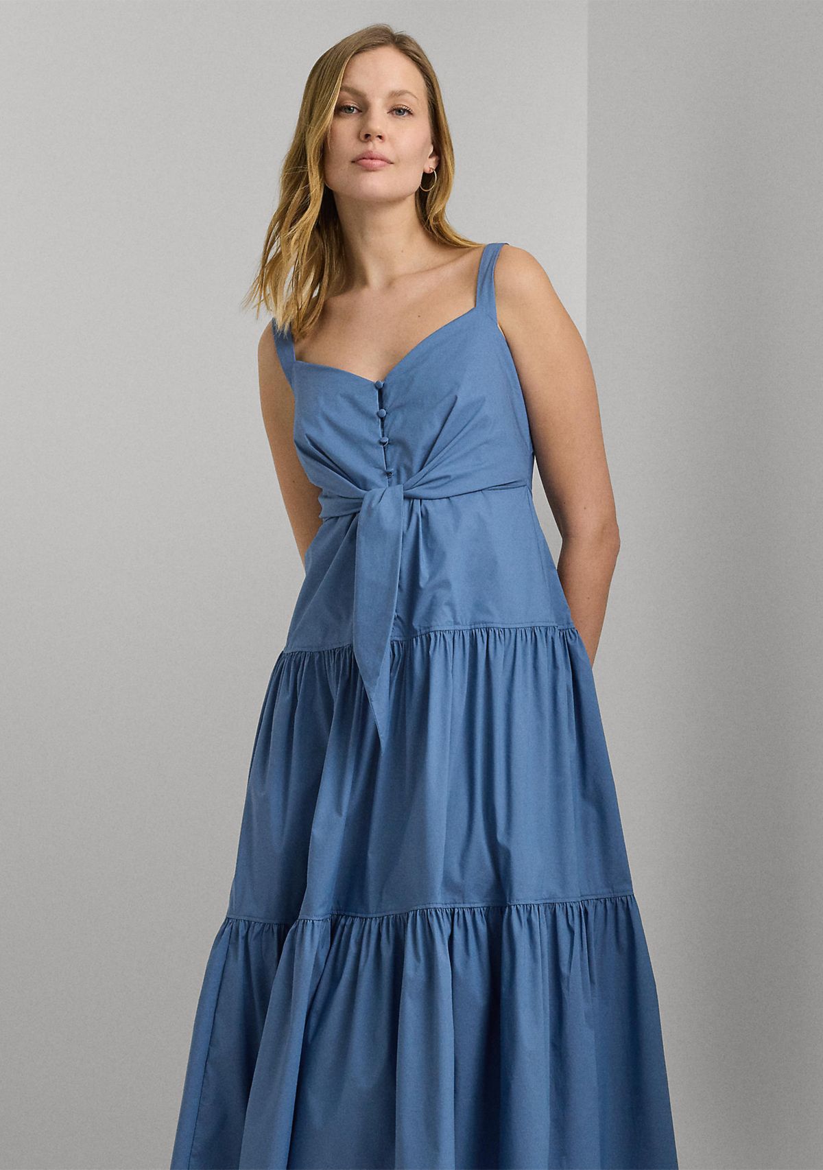 Cotton Blend Tie Front Tiered Dress
