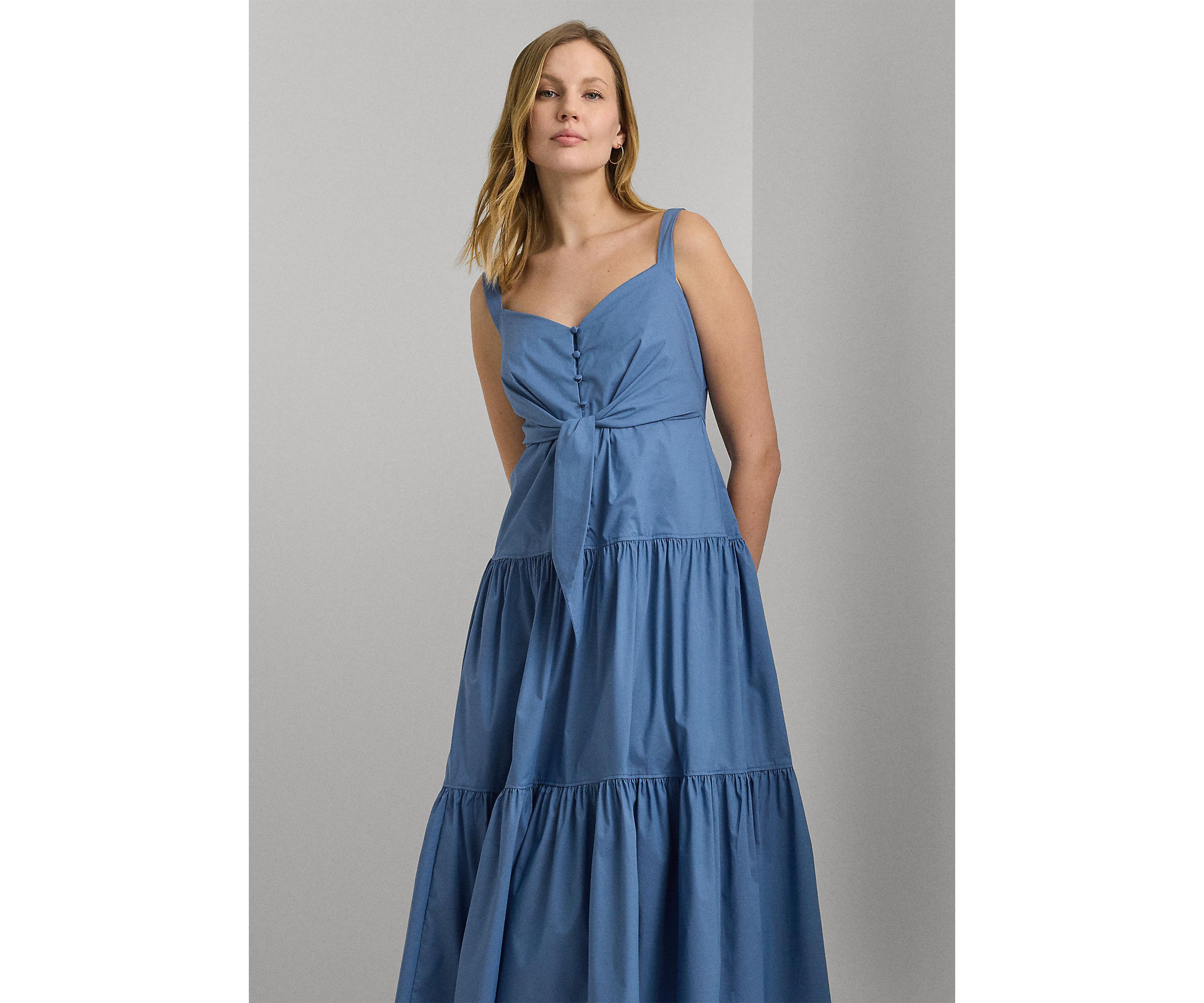 Cotton Blend Tie Front Tiered Dress