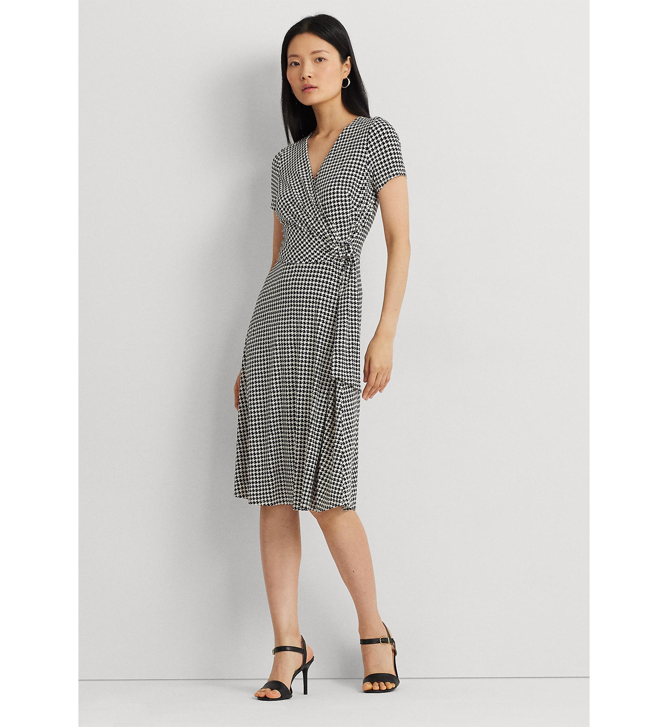 Houndstooth Jersey Surplice Dress