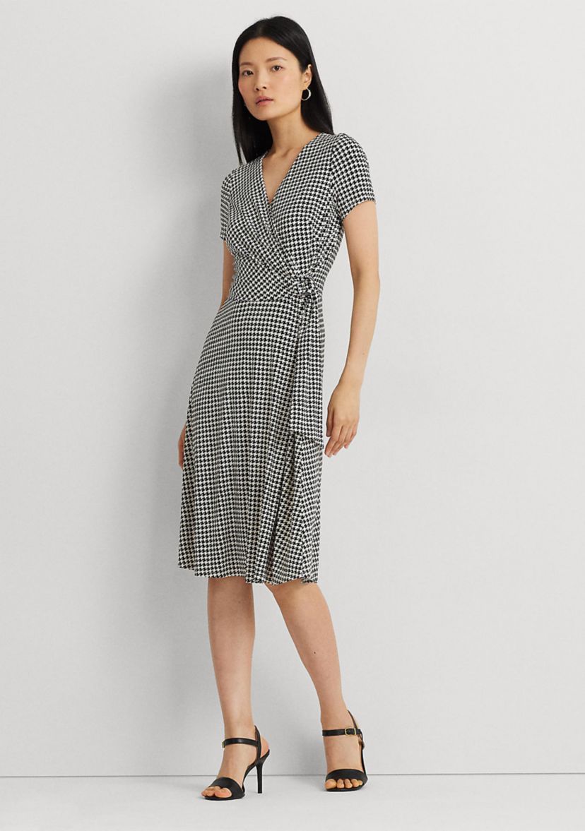 Houndstooth Jersey Surplice Dress