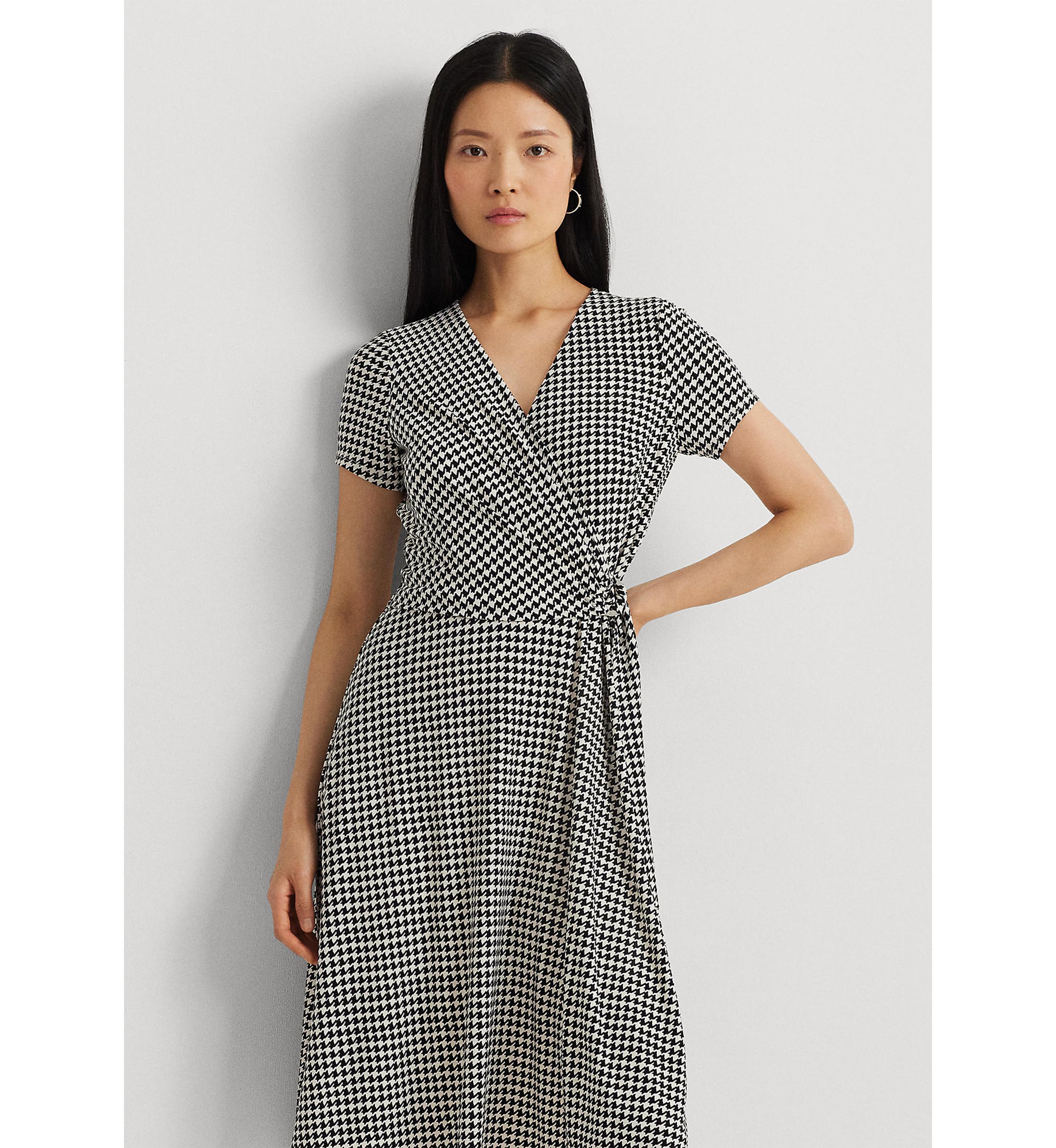 Houndstooth Jersey Surplice Dress