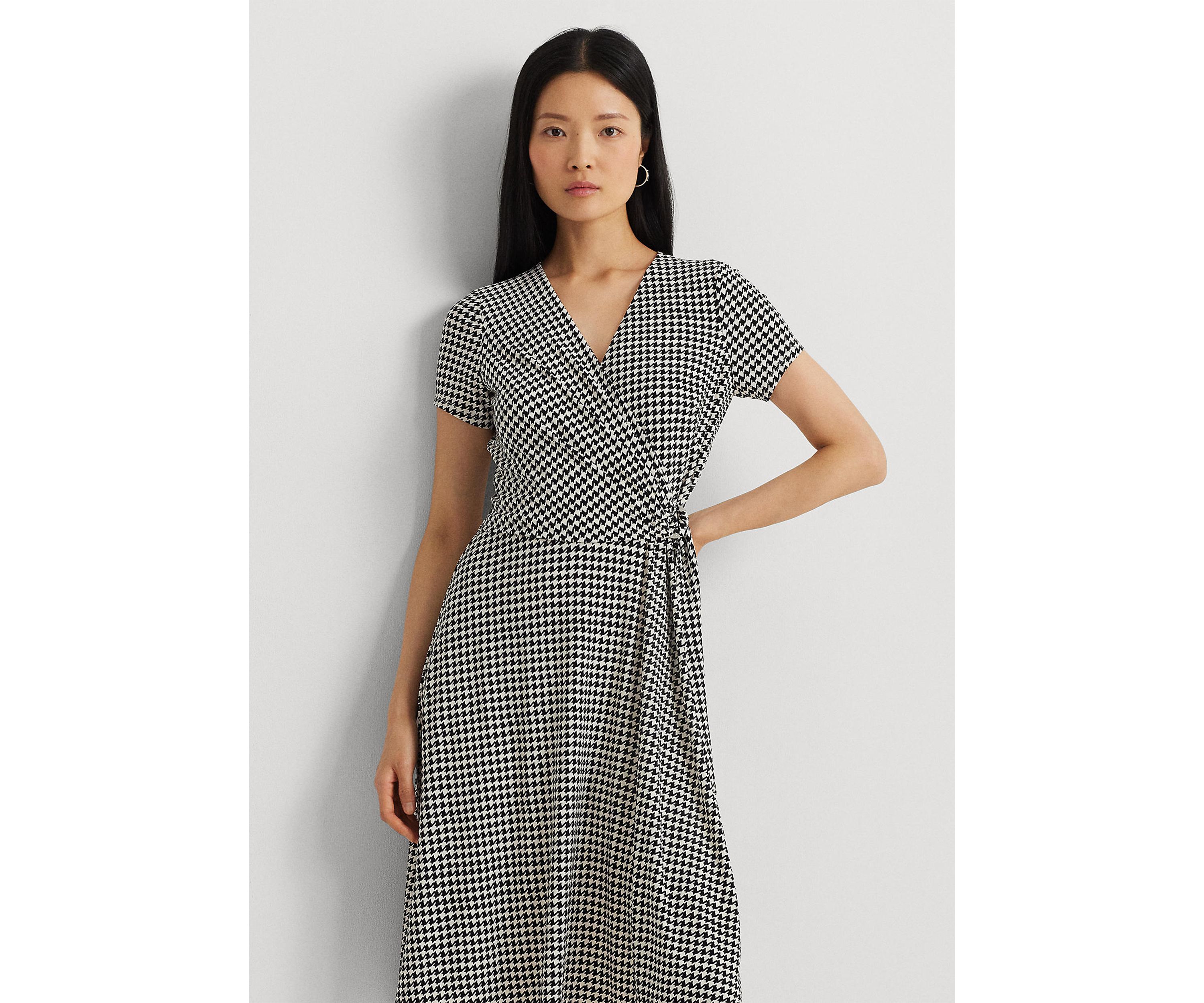 Houndstooth Jersey Surplice Dress