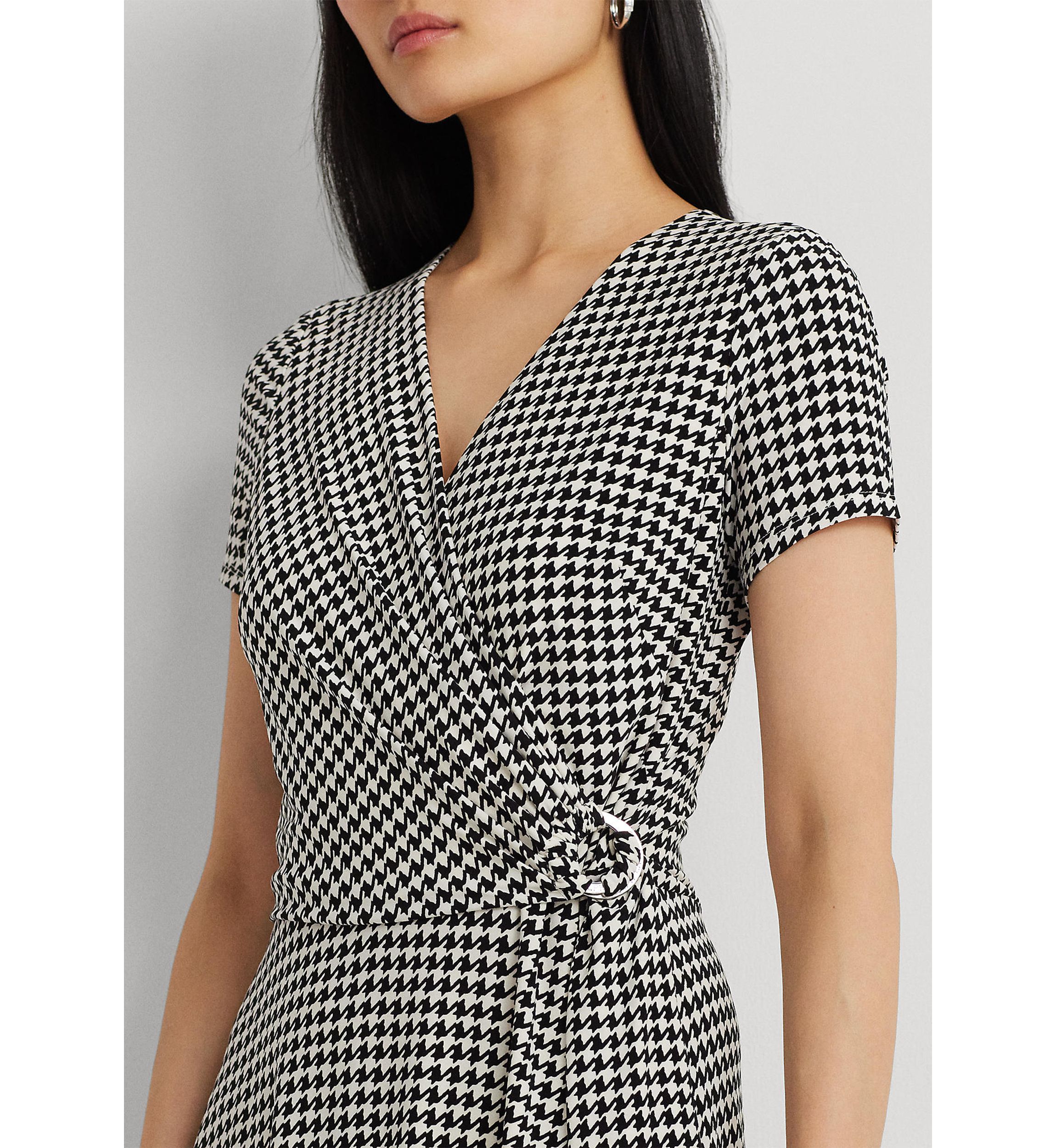 Houndstooth Jersey Surplice Dress