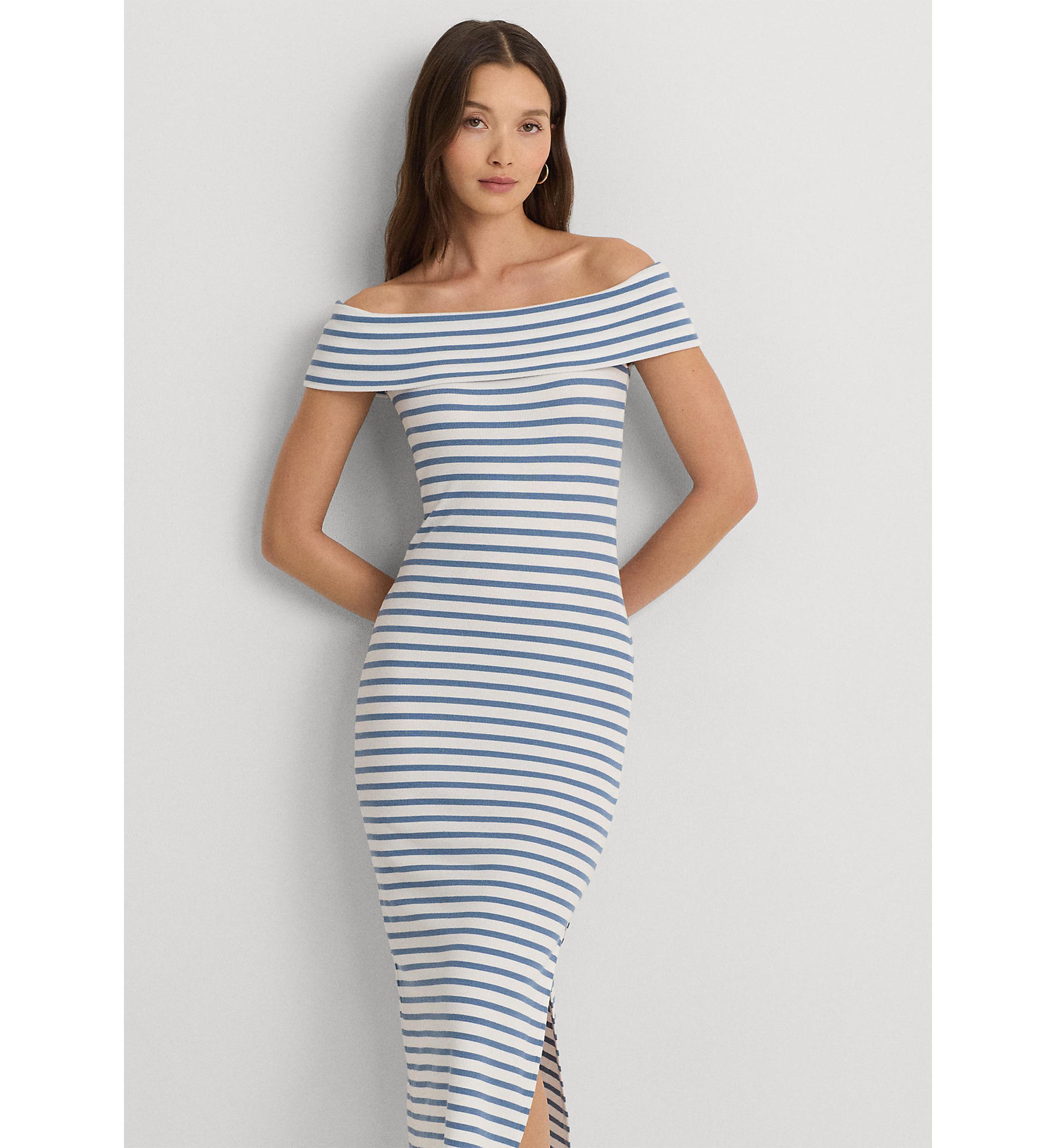 Striped Off the Shoulder Midi Dress