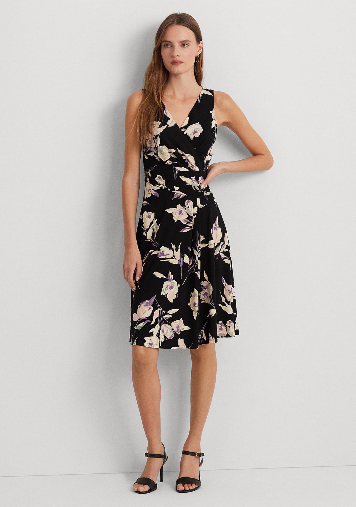 Womens Floral Surplice Jersey Sleeveless Dress
