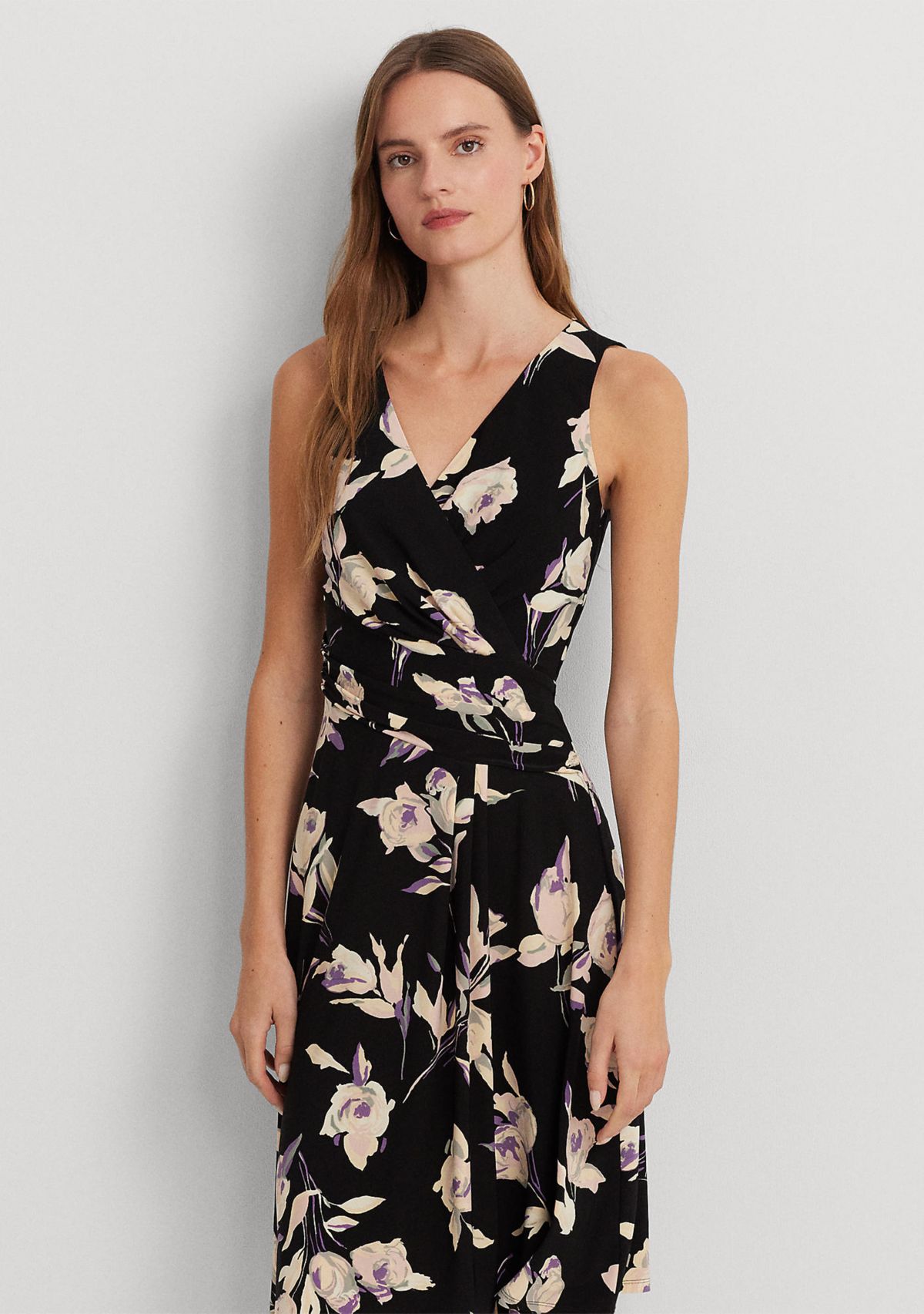 Womens Floral Surplice Jersey Sleeveless Dress