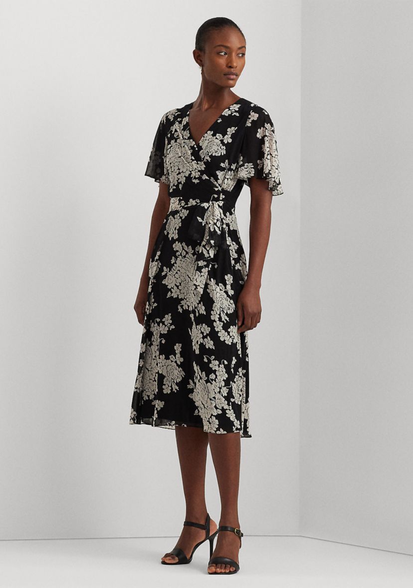 Womens Floral Belted Crinkle Georgette Dress