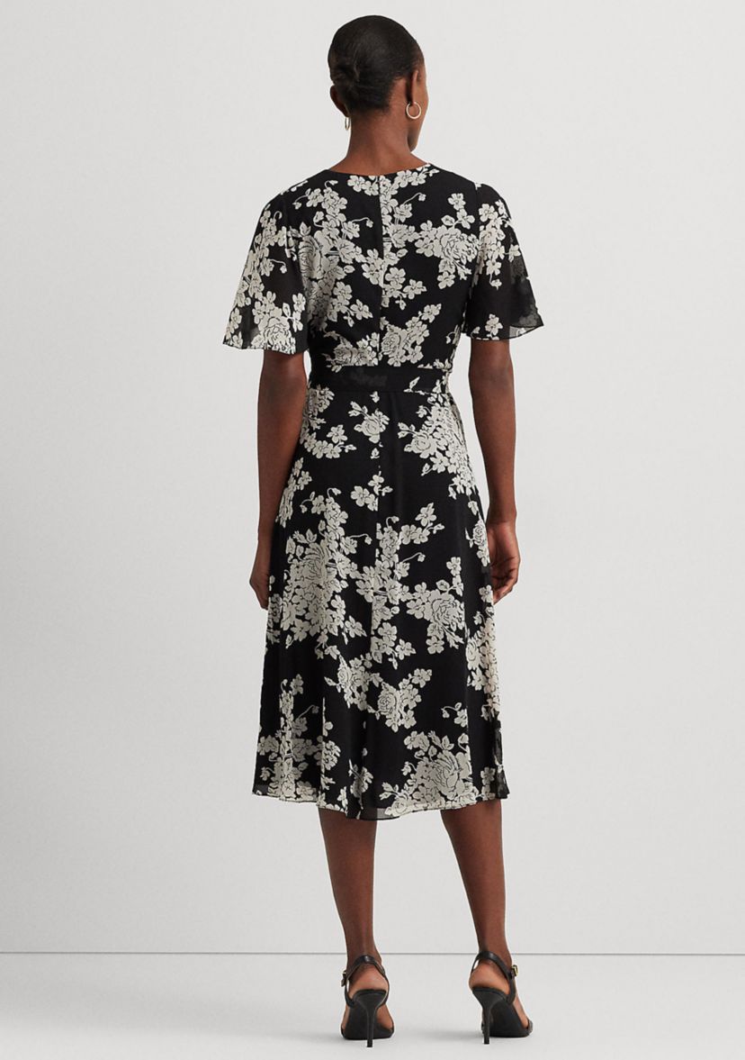 Womens Floral Belted Crinkle Georgette Dress