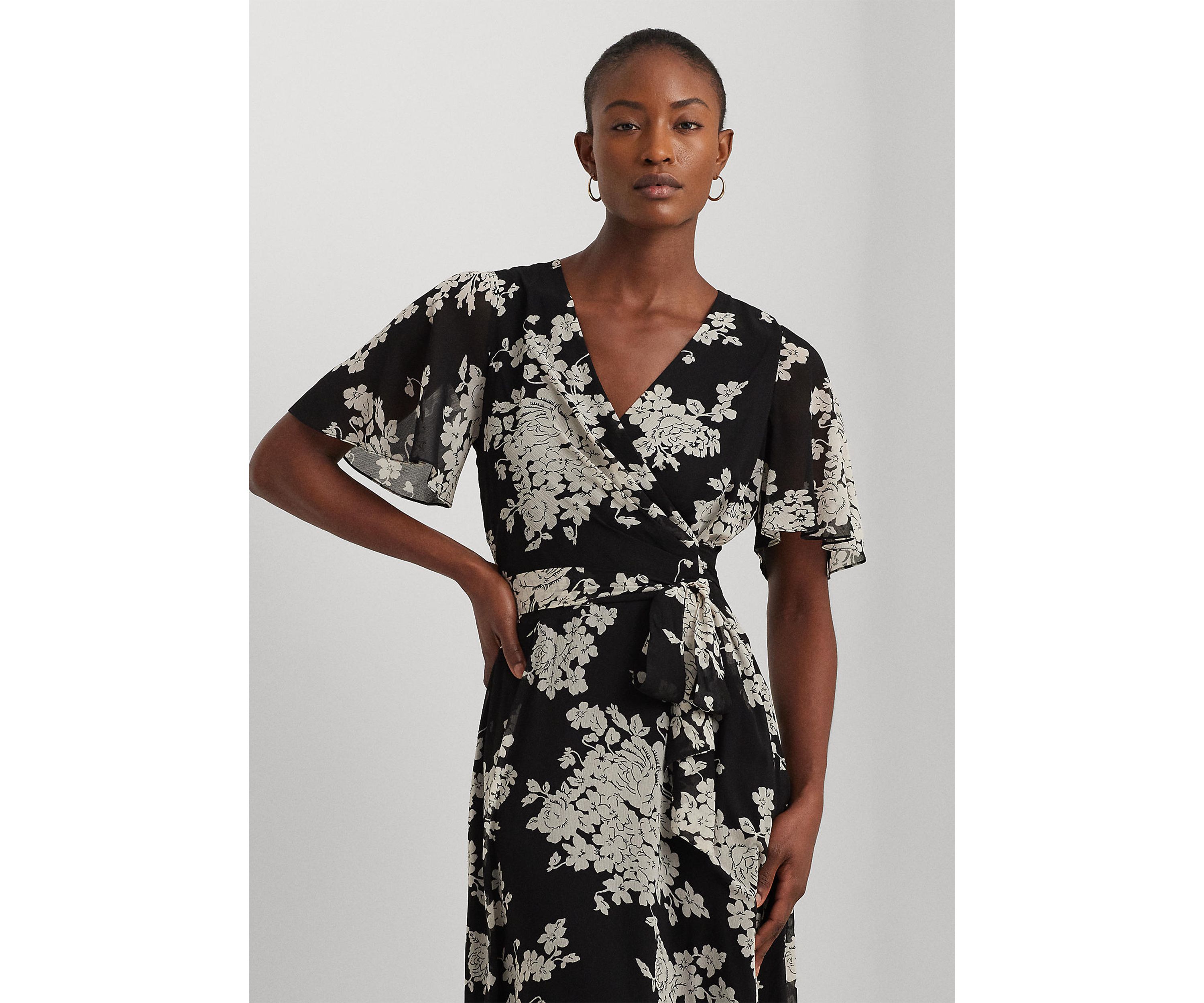 Womens Floral Belted Crinkle Georgette Dress