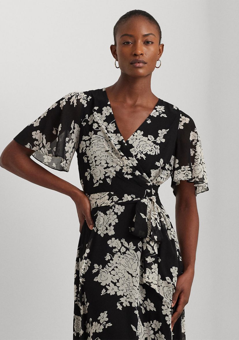 Womens Floral Belted Crinkle Georgette Dress