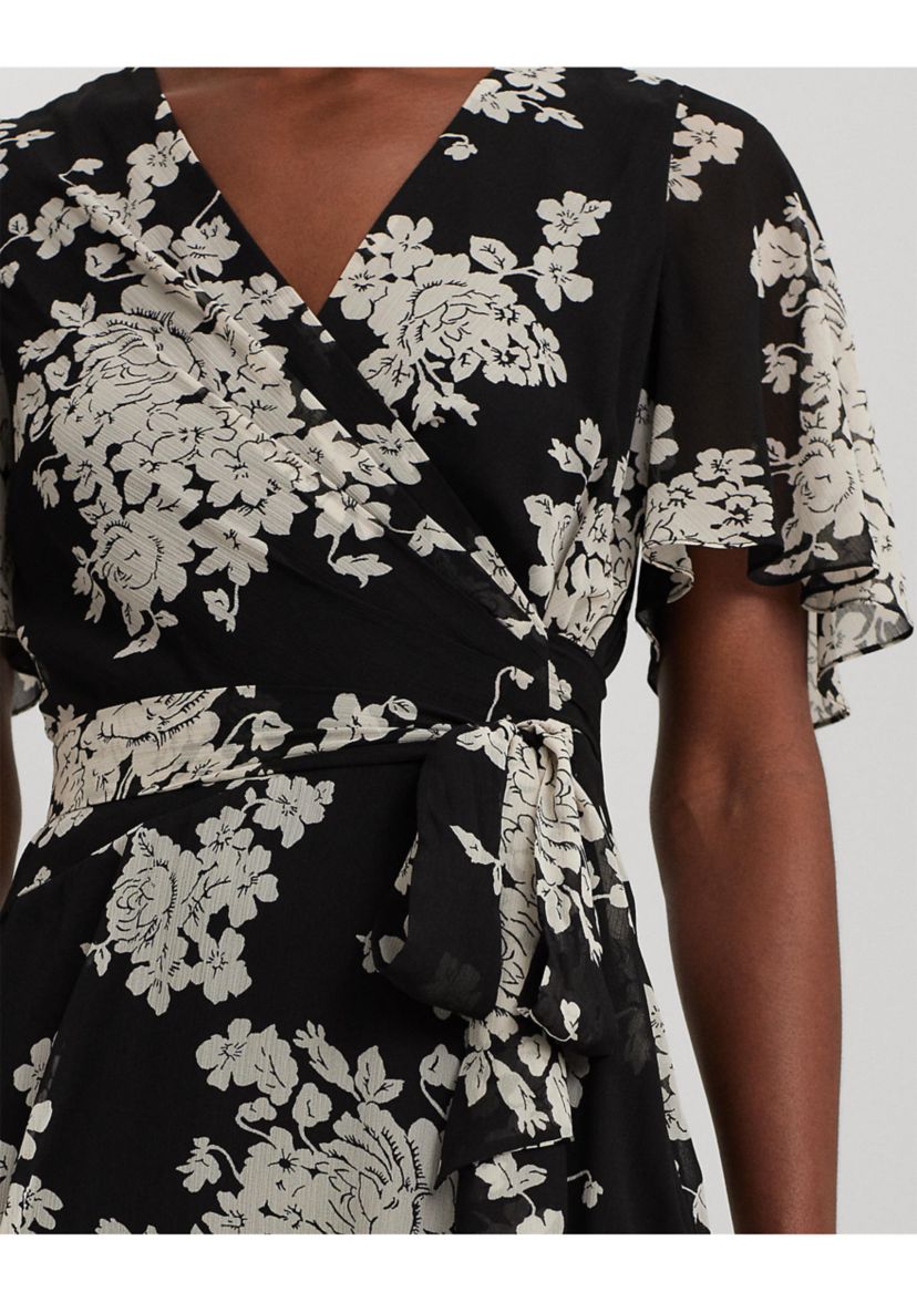 Womens Floral Belted Crinkle Georgette Dress