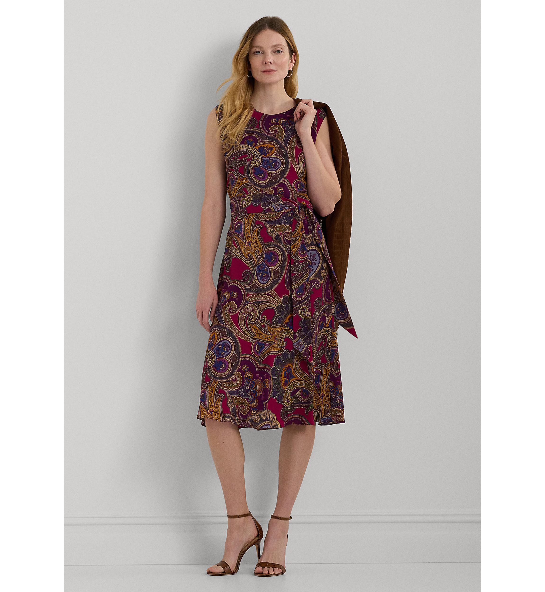Paisley Belted Bubble Crepe Dress