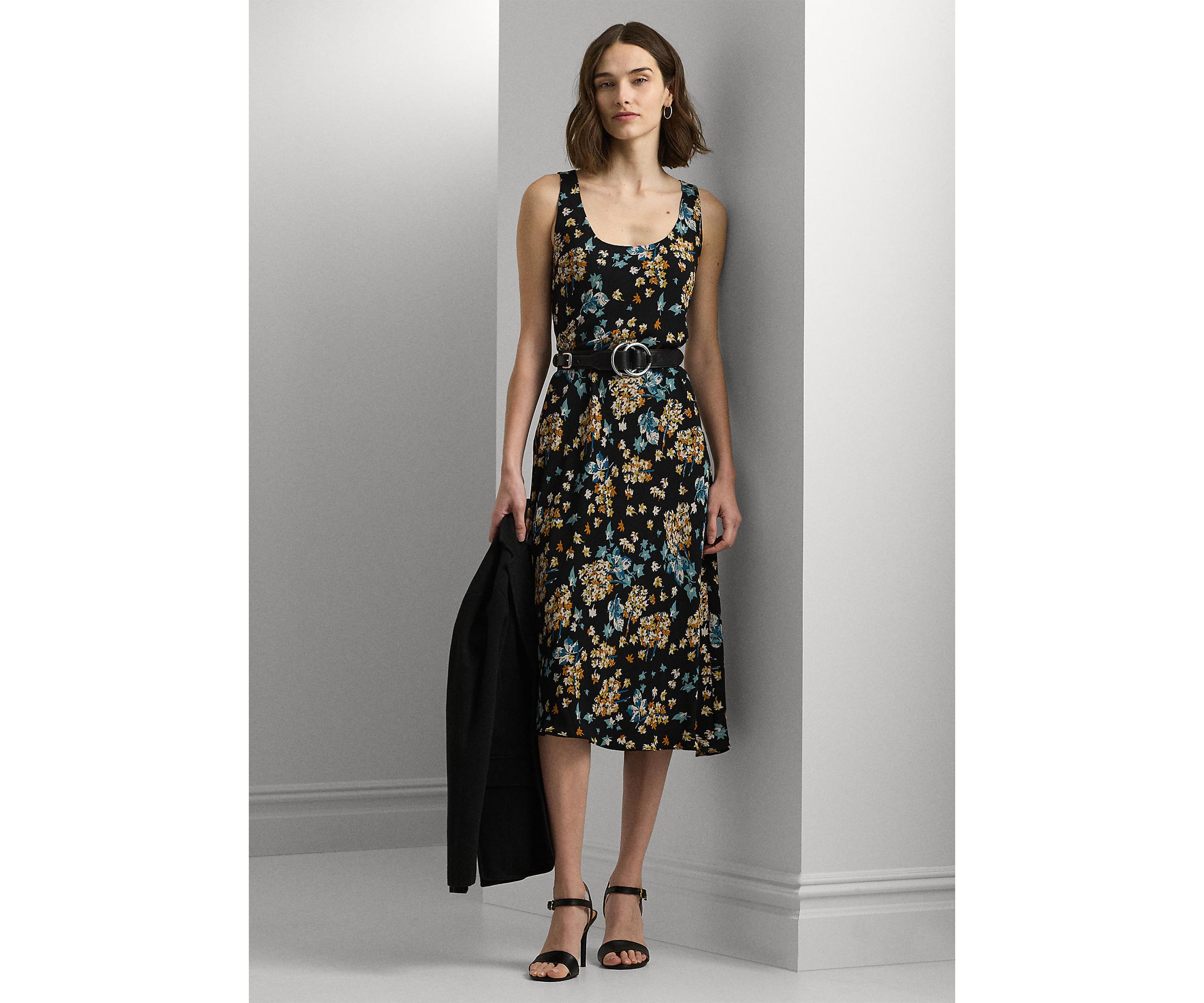 Womens Floral Belted Crepe Sleeveless Dress