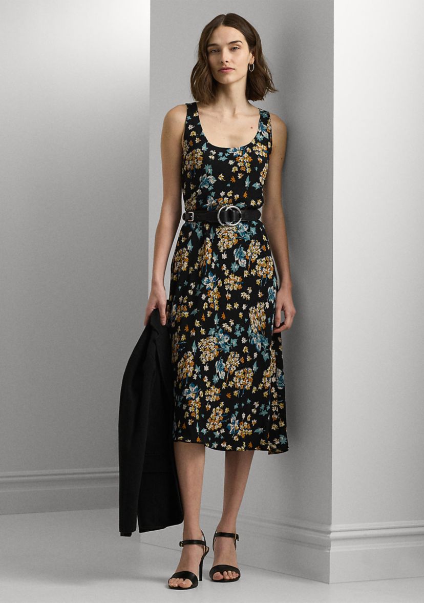 Womens Floral Belted Crepe Sleeveless Dress
