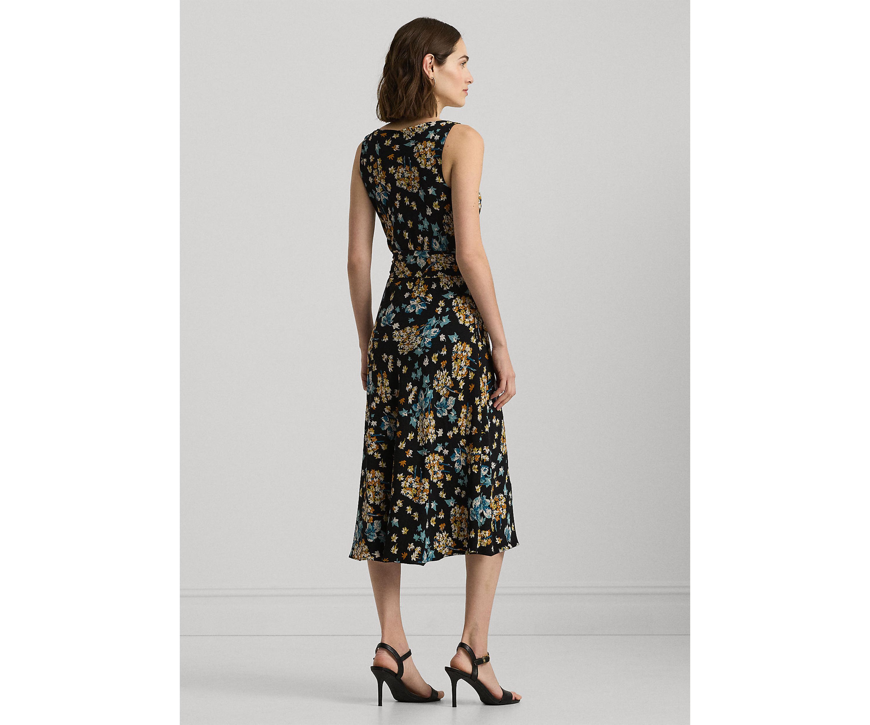 Womens Floral Belted Crepe Sleeveless Dress