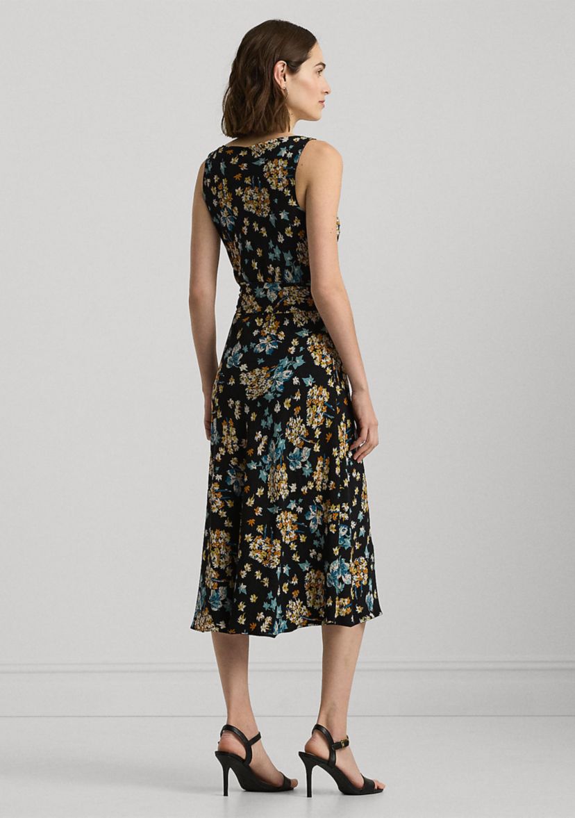 Womens Floral Belted Crepe Sleeveless Dress