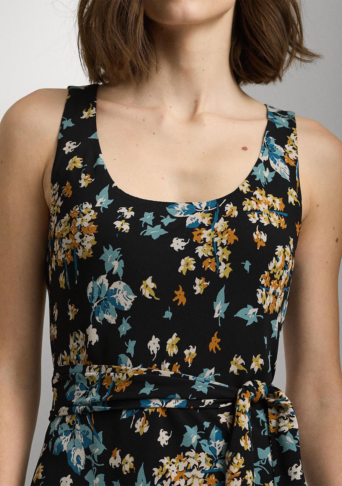 Womens Floral Belted Crepe Sleeveless Dress