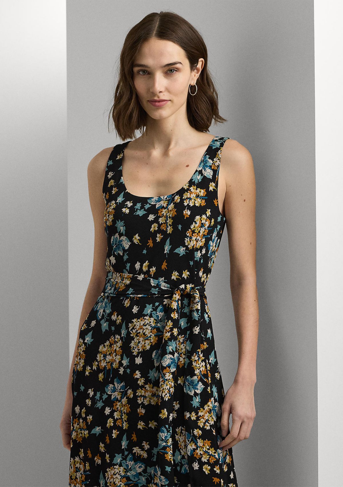 Womens Floral Belted Crepe Sleeveless Dress