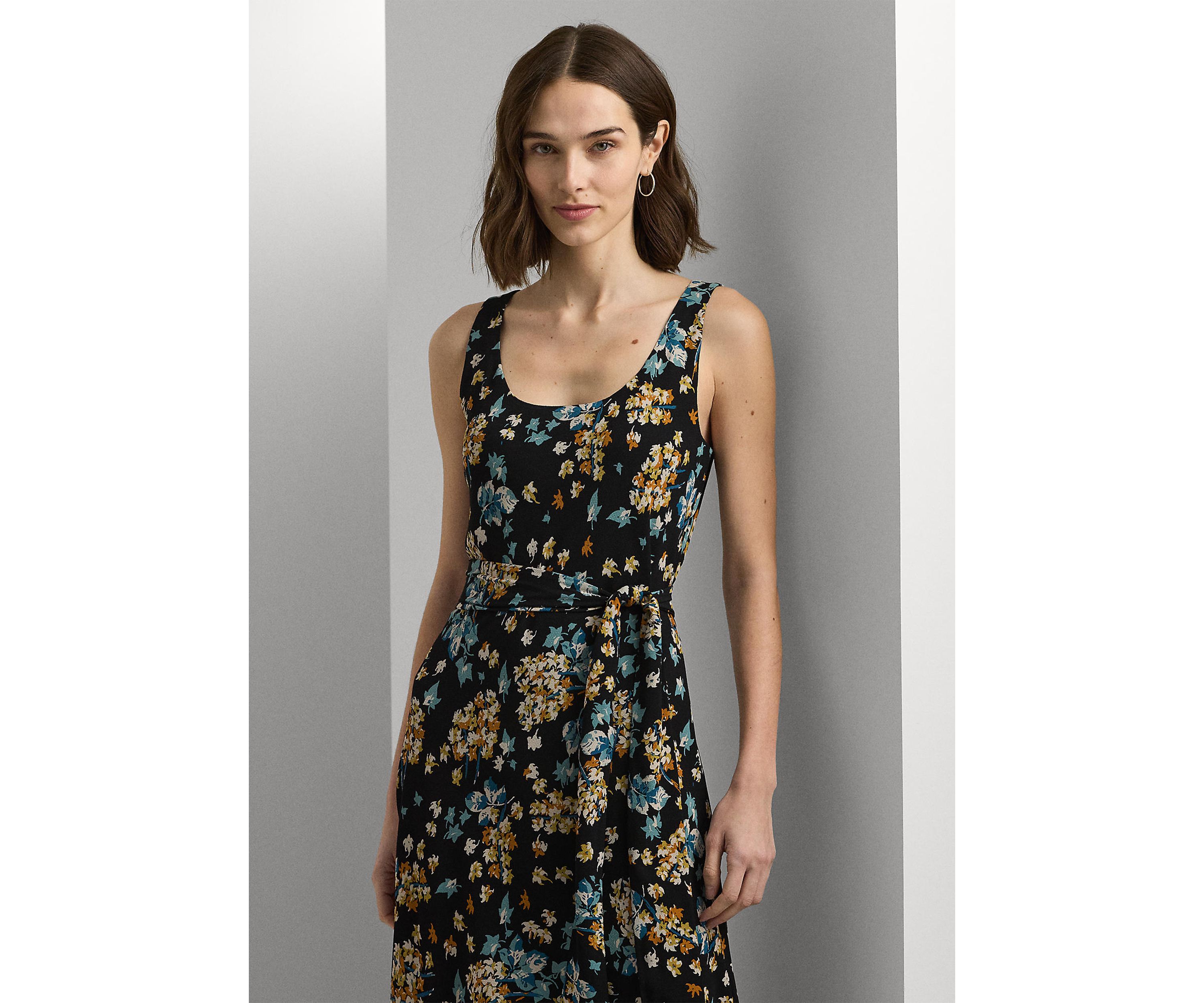 Womens Floral Belted Crepe Sleeveless Dress