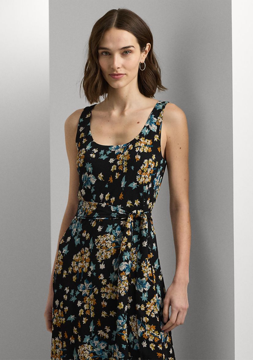 Womens Floral Belted Crepe Sleeveless Dress