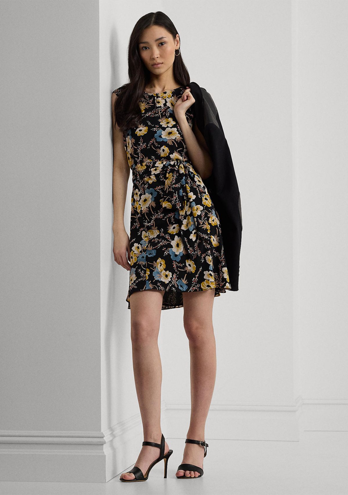 Womens Floral Bubble Crepe Cap-Sleeve Dress