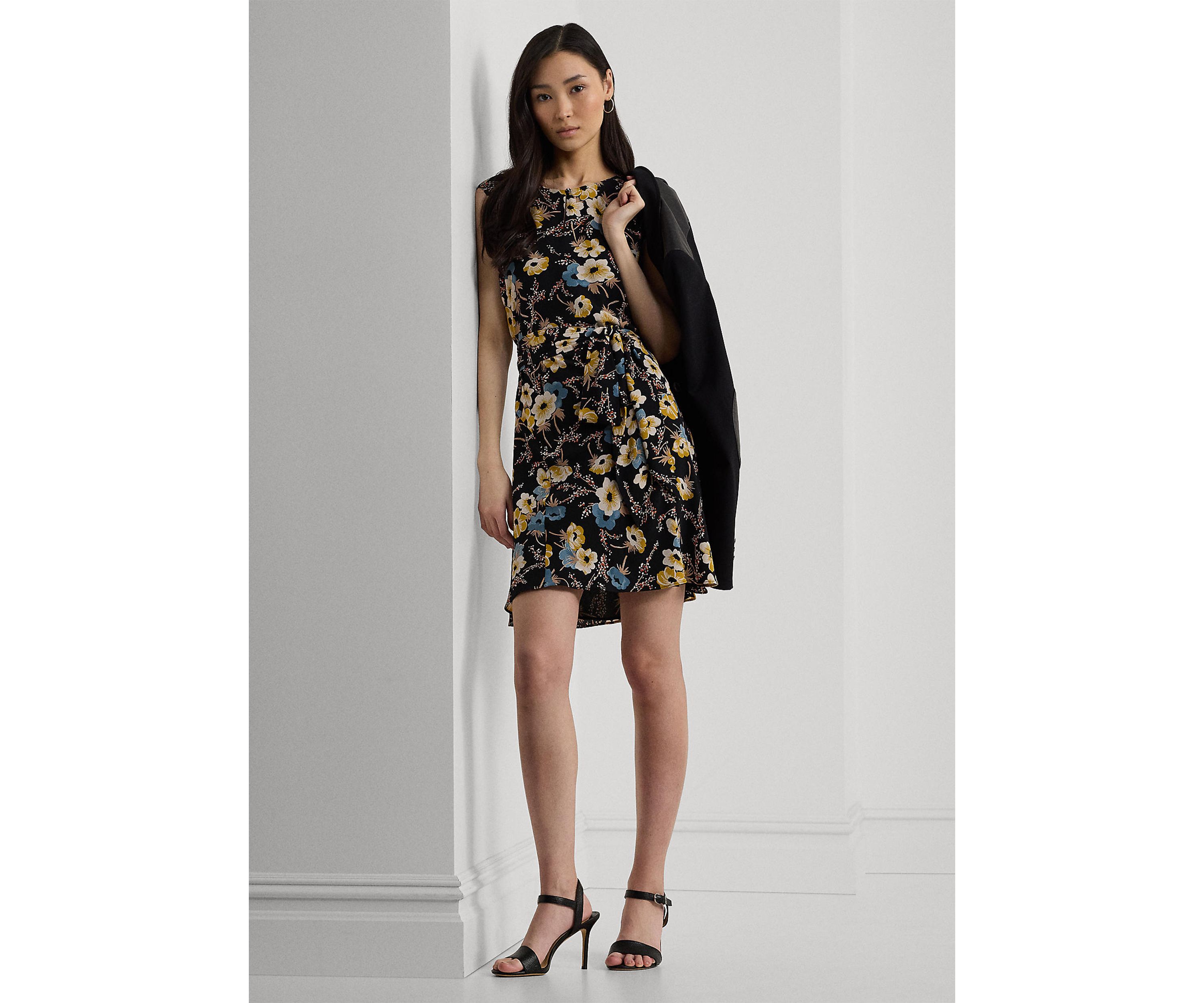 Womens Floral Bubble Crepe Cap-Sleeve Dress