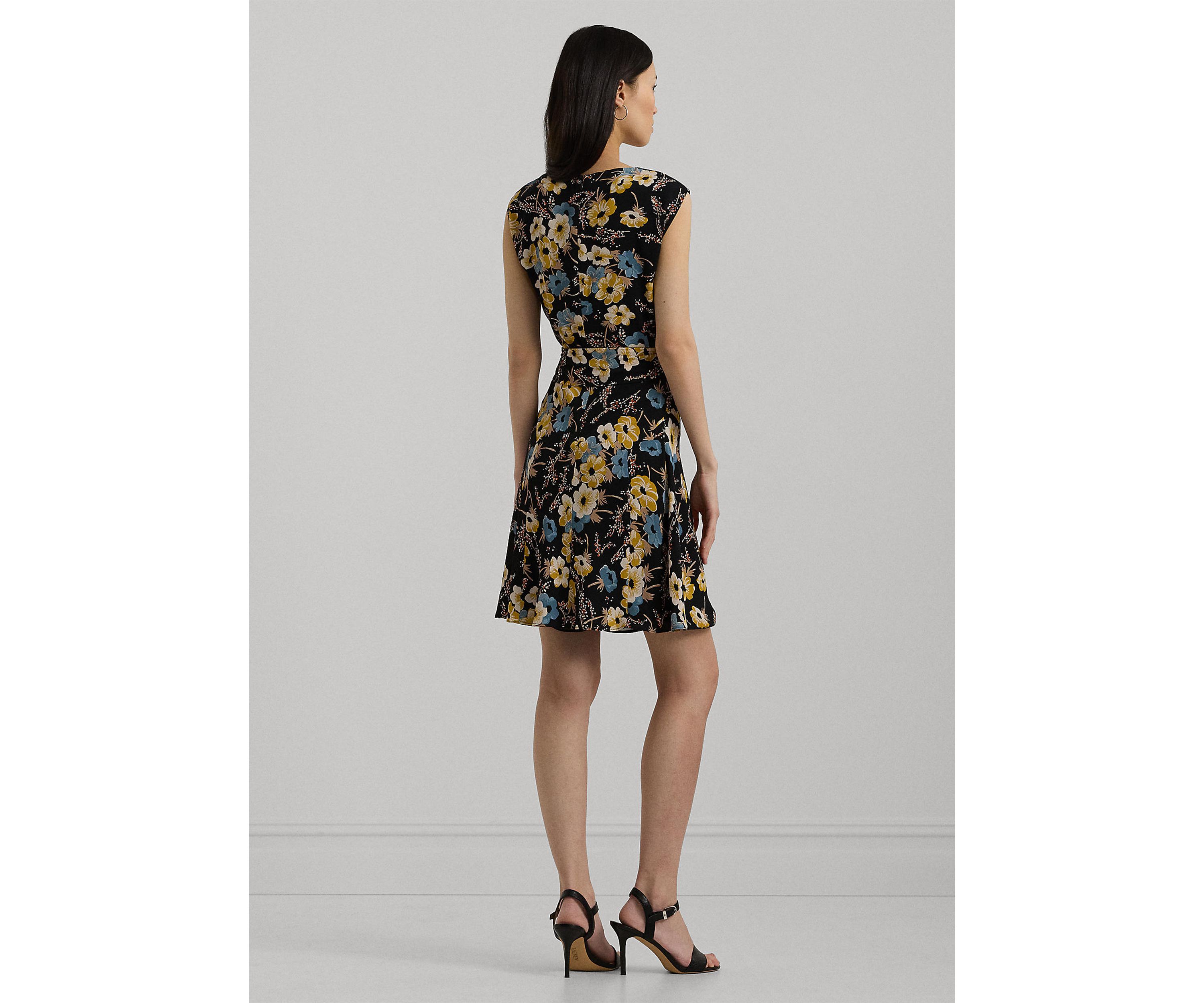 Womens Floral Bubble Crepe Cap-Sleeve Dress