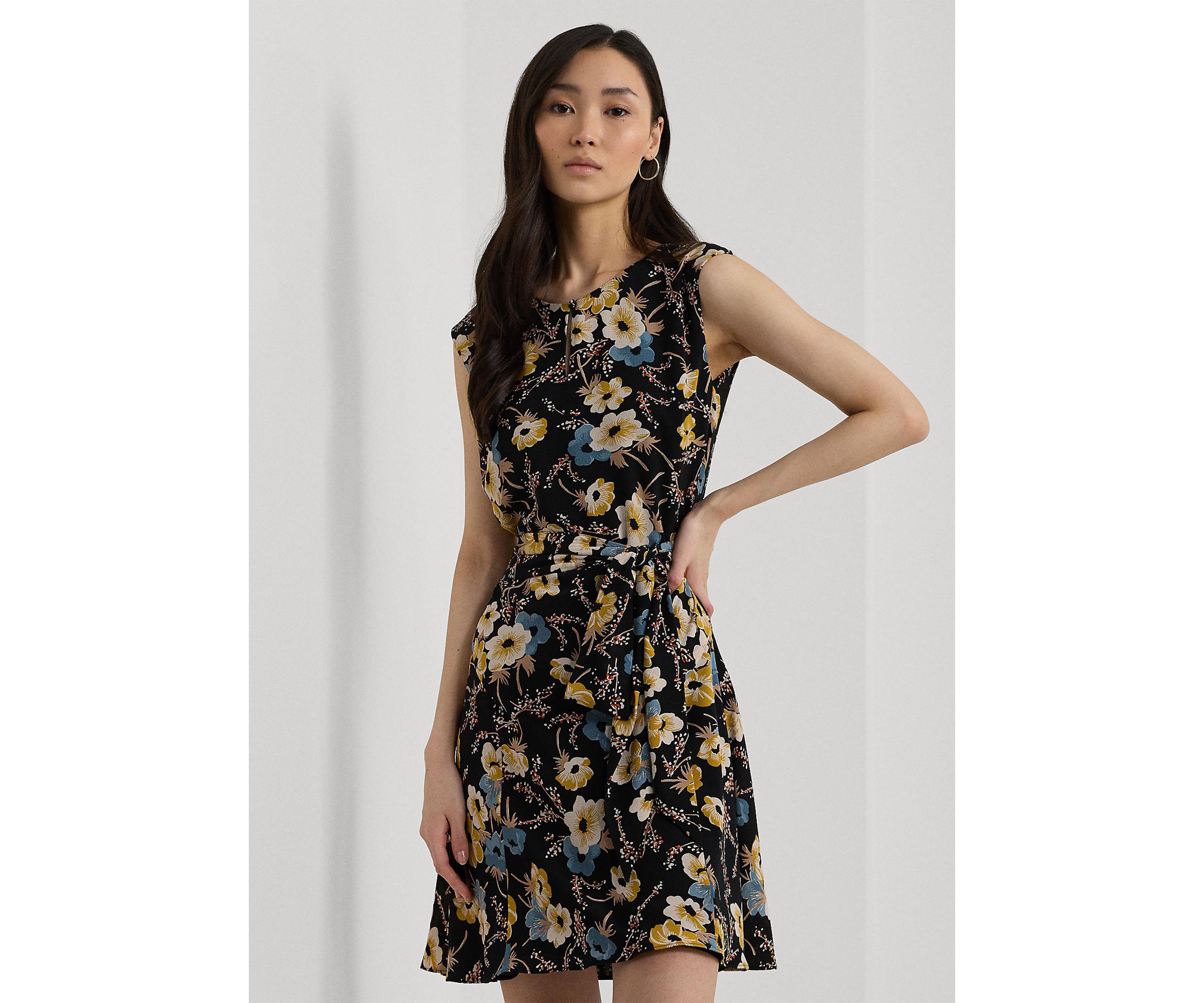 Womens Floral Bubble Crepe Cap-Sleeve Dress