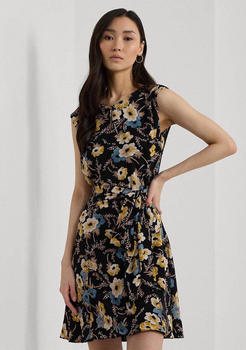 Womens Floral Bubble Crepe Cap-Sleeve Dress