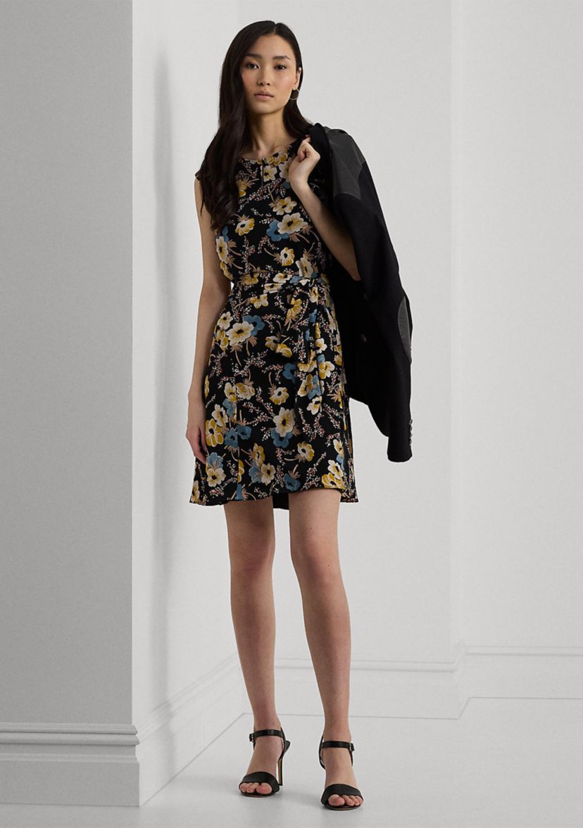 Womens Floral Bubble Crepe Cap-Sleeve Dress