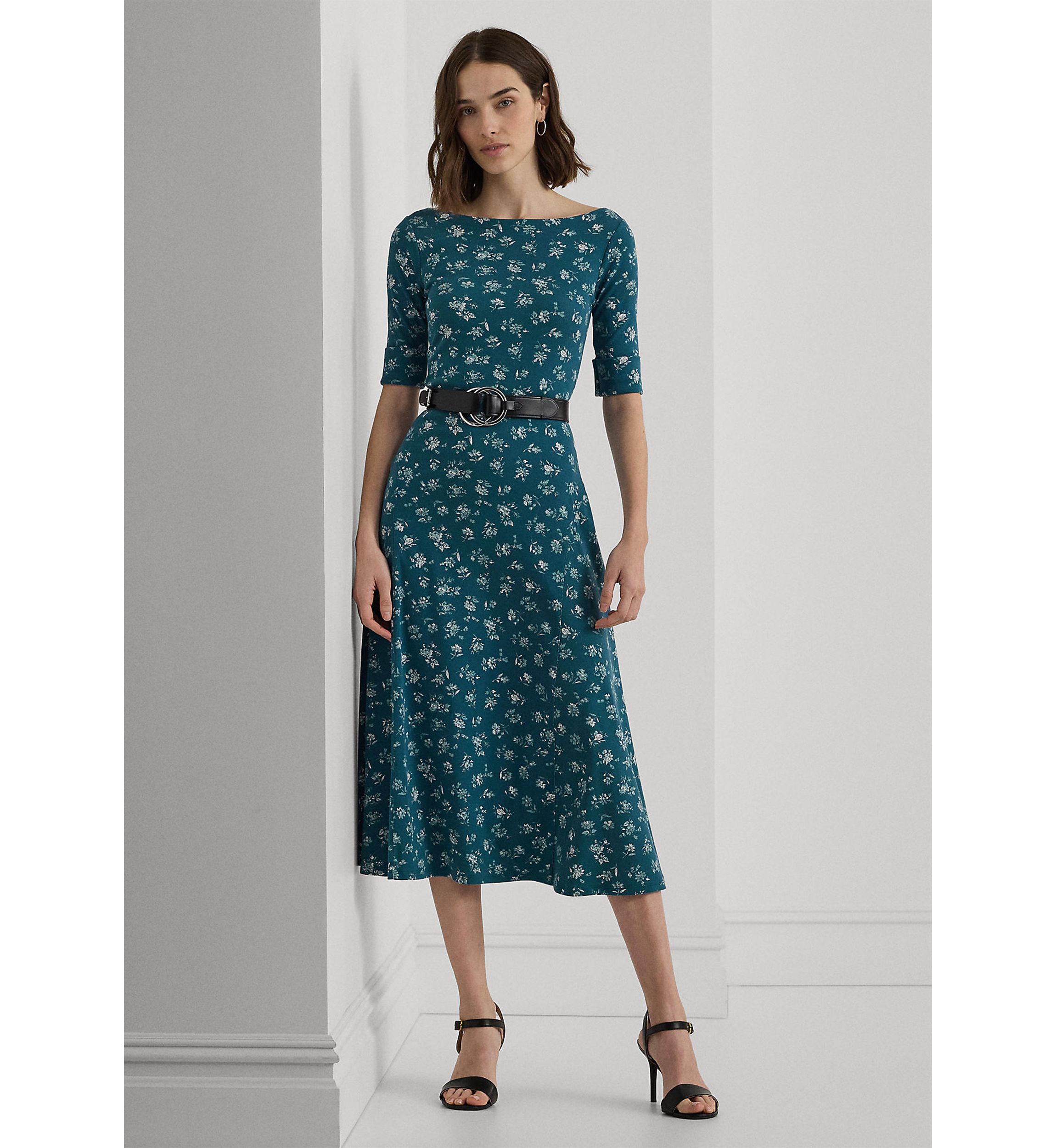 Womens Floral Stretch Cotton Midi Dress