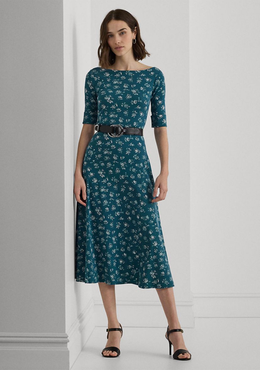 Womens Floral Stretch Cotton Midi Dress