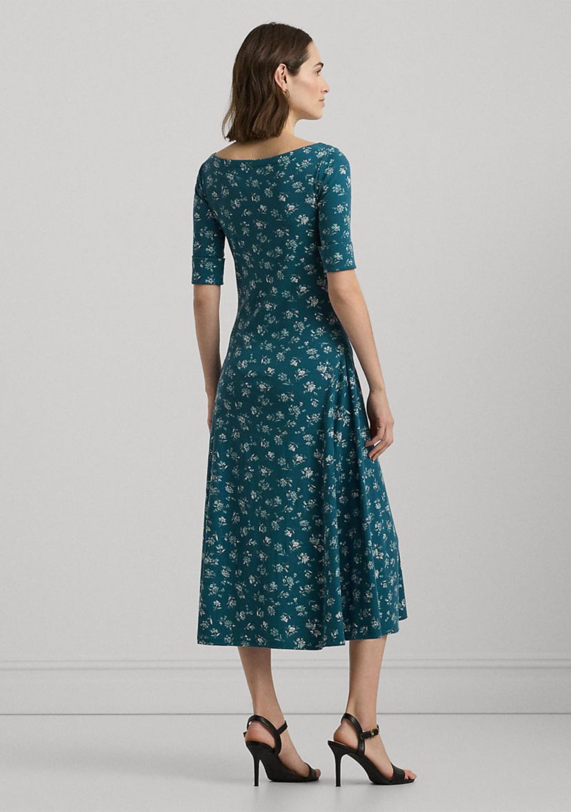 Womens Floral Stretch Cotton Midi Dress