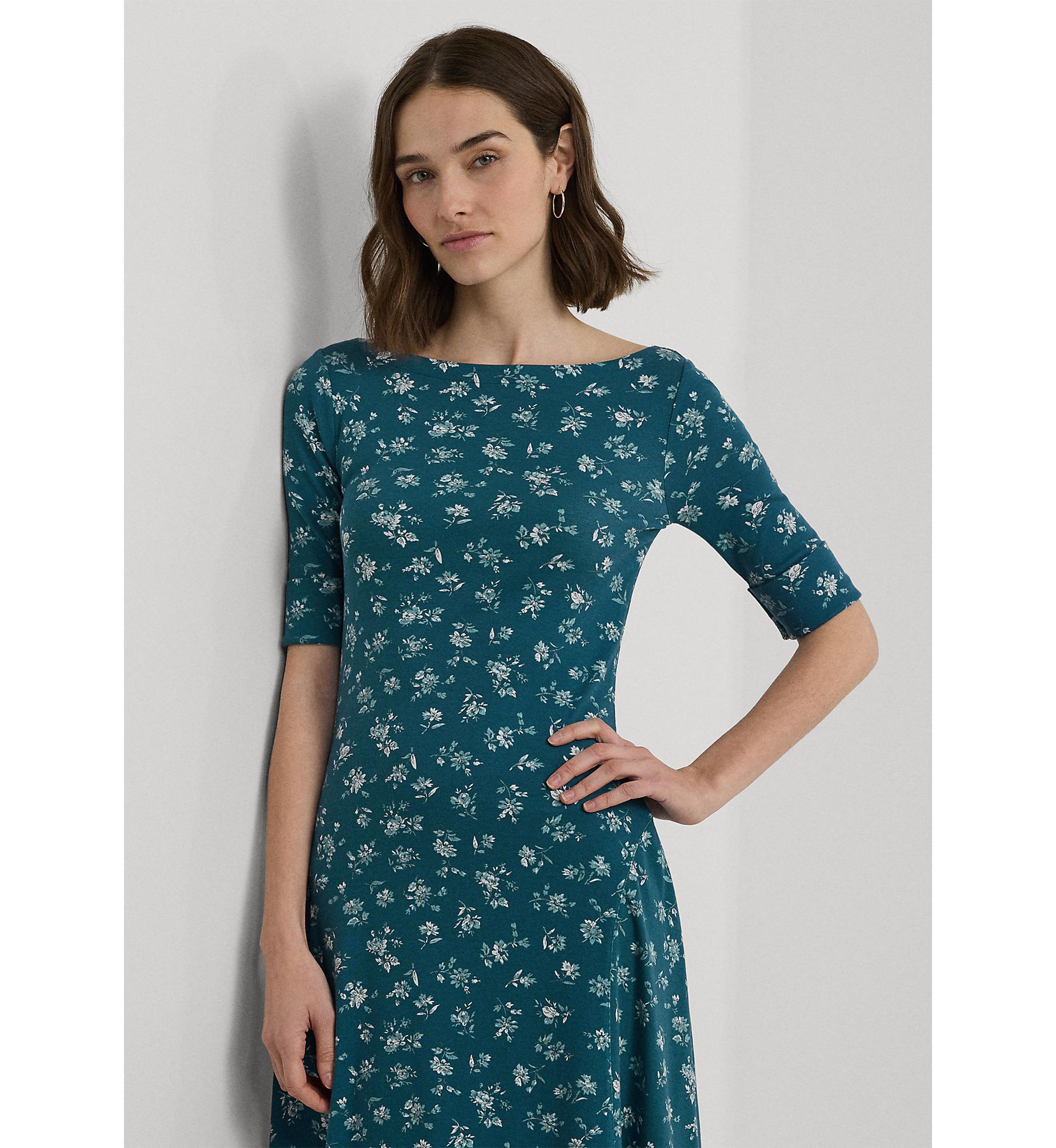 Womens Floral Stretch Cotton Midi Dress