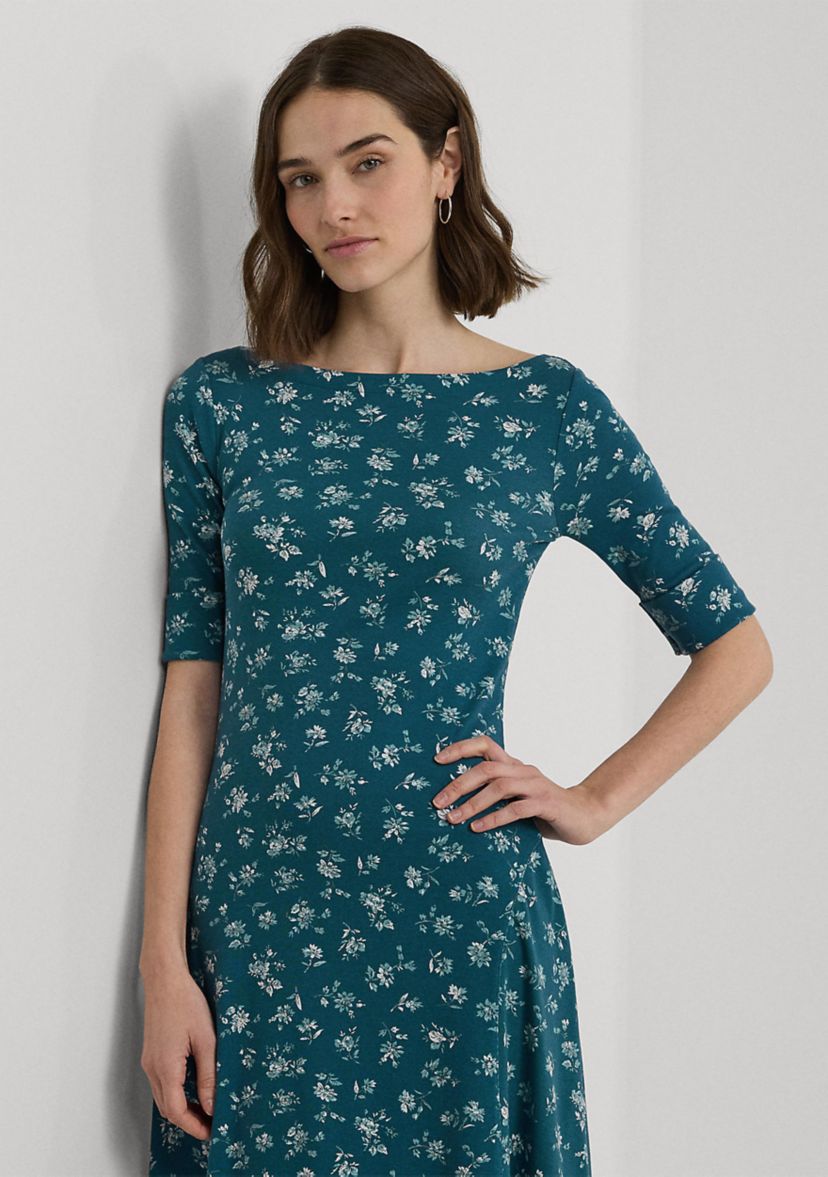 Womens Floral Stretch Cotton Midi Dress
