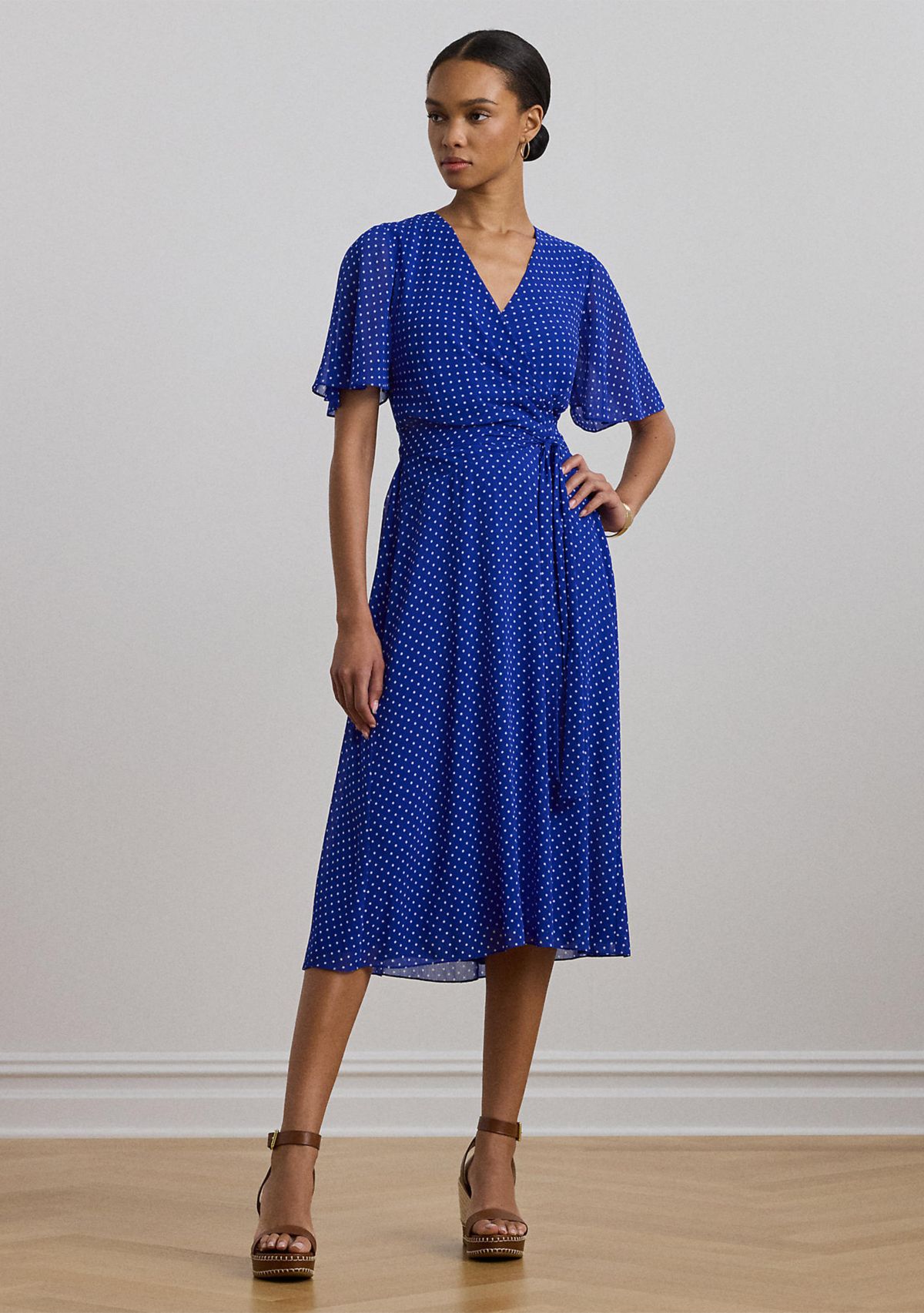 Polka Dot Belted Crinkle Georgette Dress