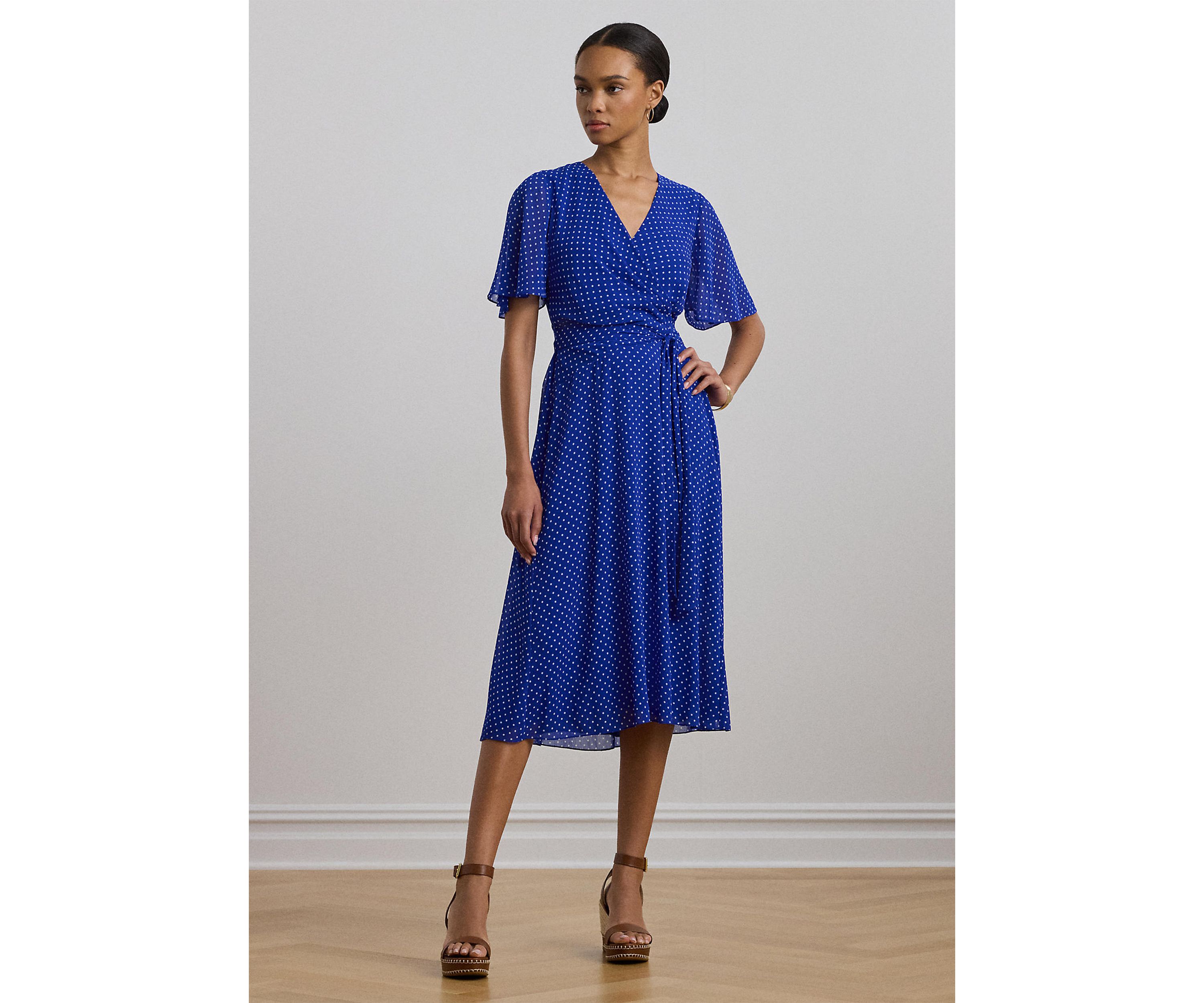Polka Dot Belted Crinkle Georgette Dress
