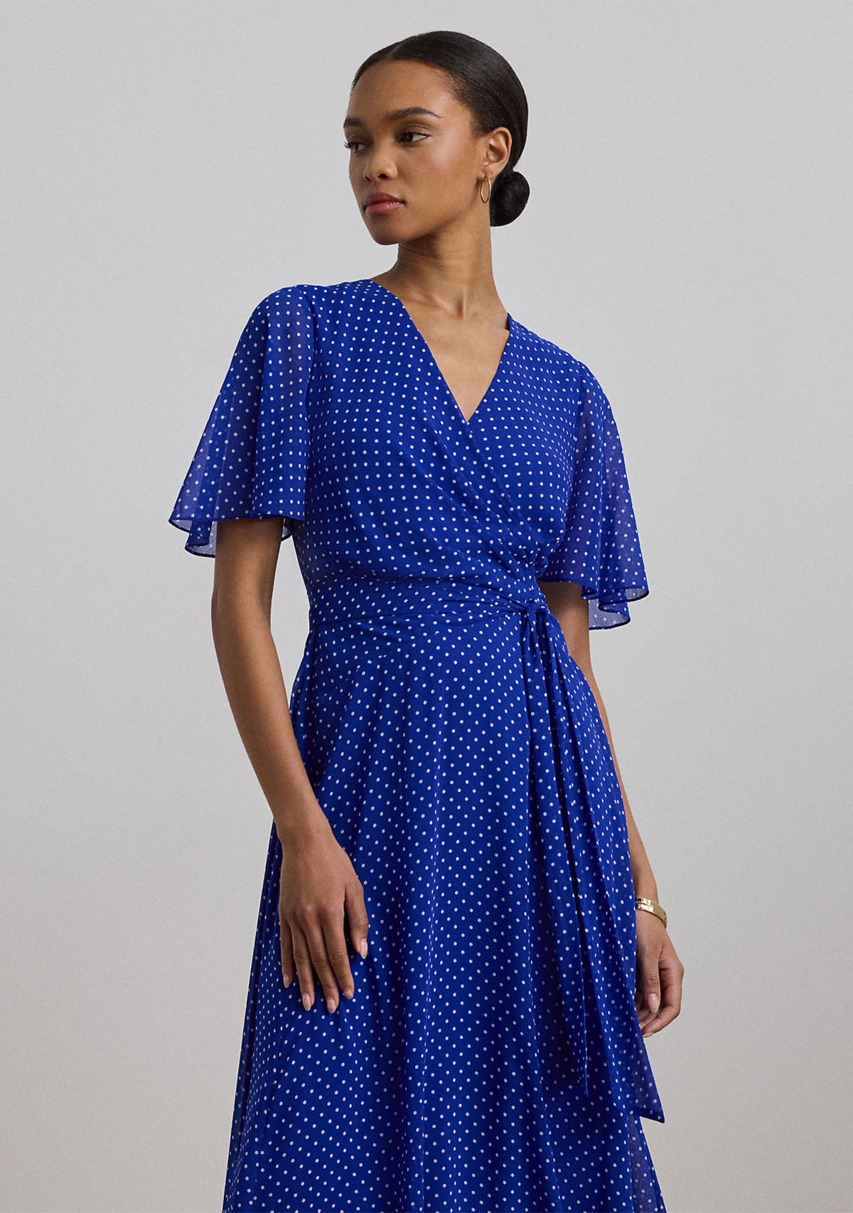 Polka Dot Belted Crinkle Georgette Dress