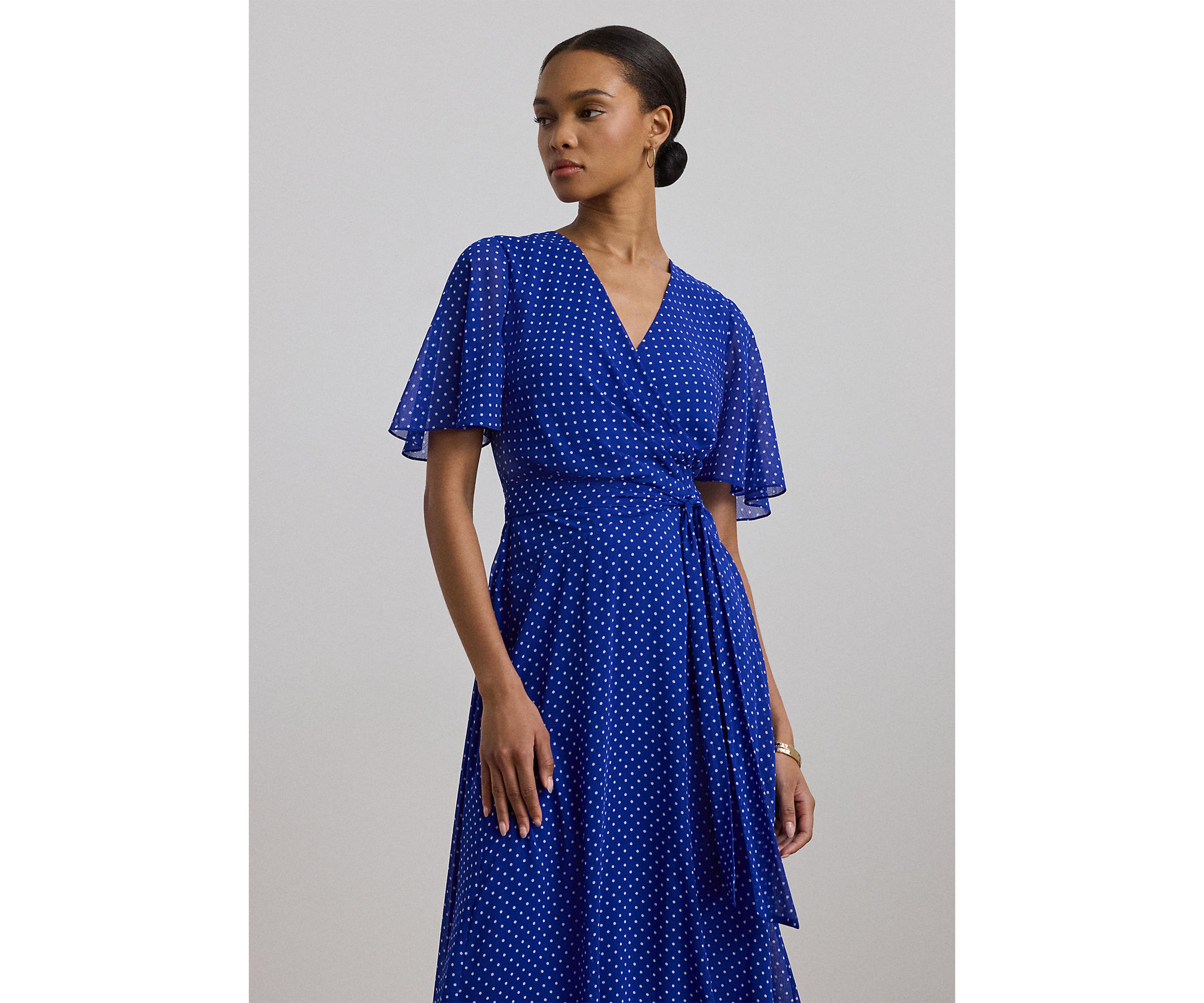Polka Dot Belted Crinkle Georgette Dress