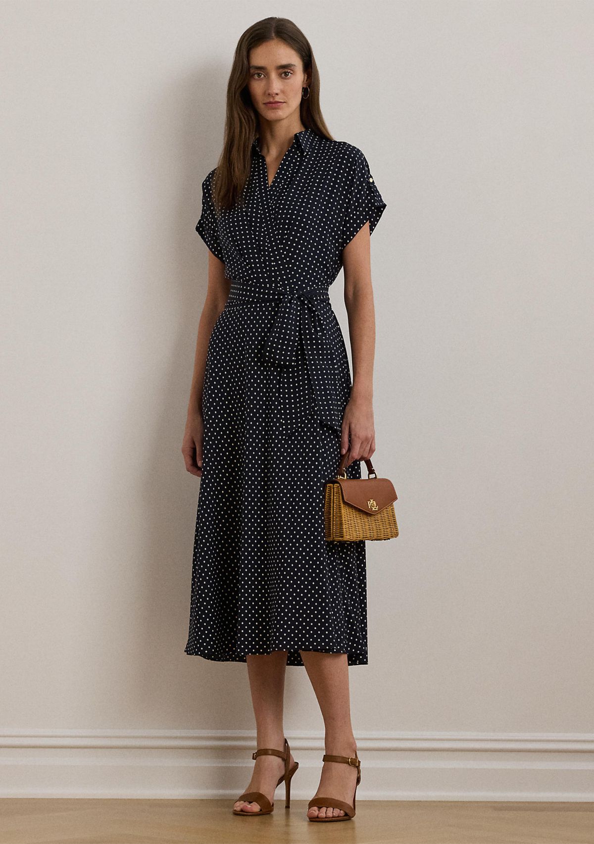 Polka Dot Belted Crepe Dress
