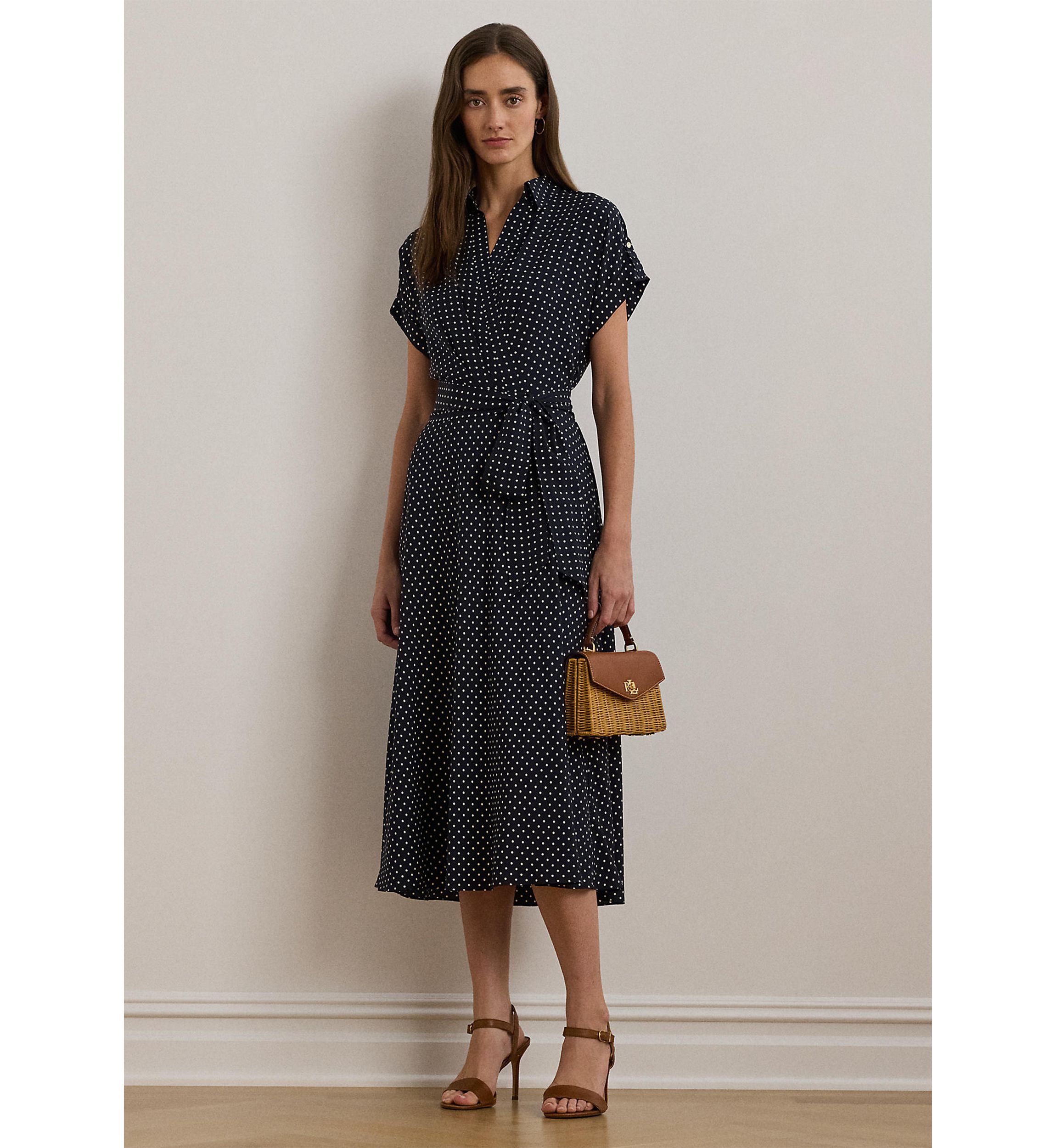 Polka Dot Belted Crepe Dress