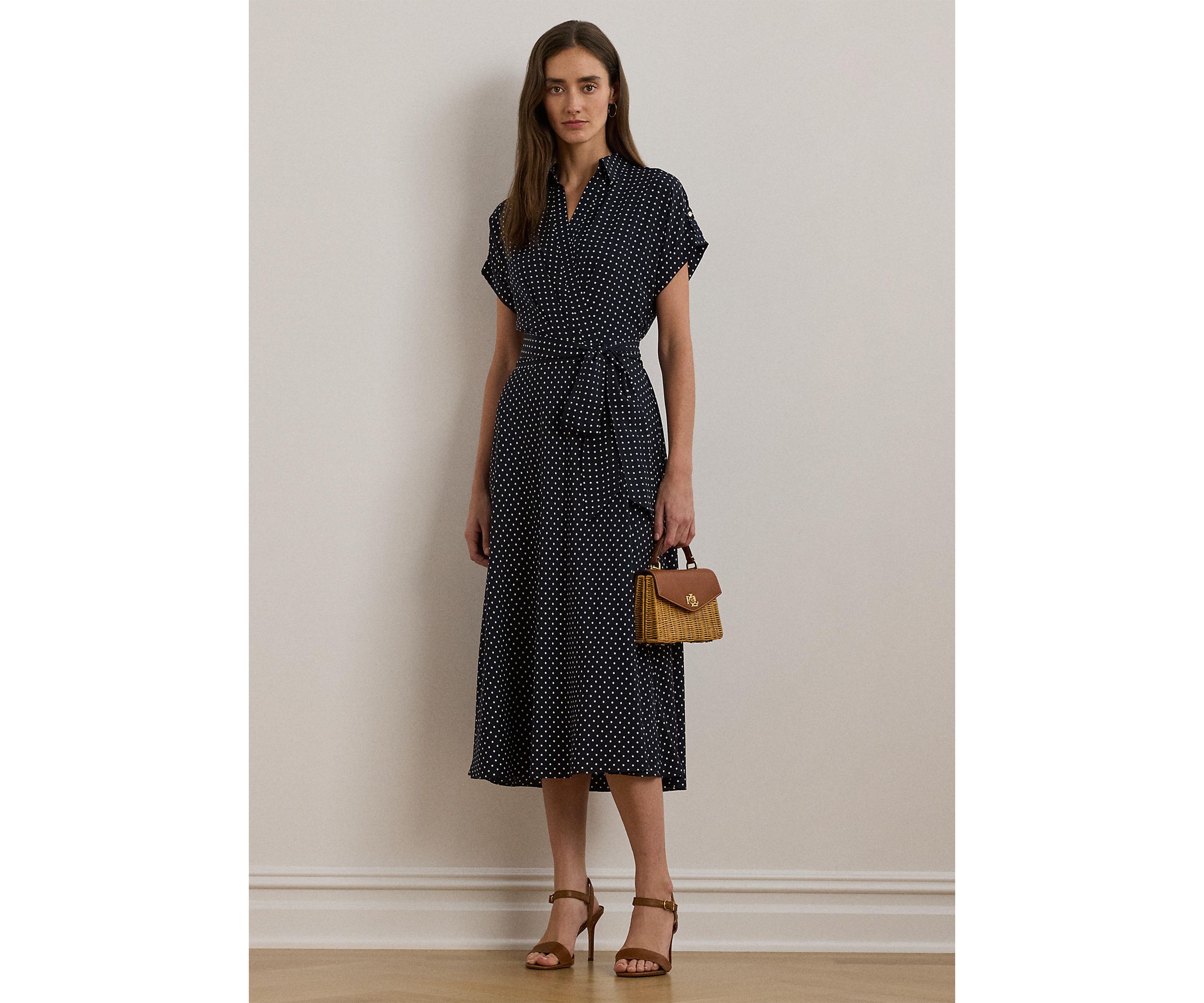 Polka Dot Belted Crepe Dress