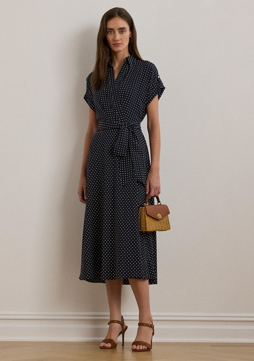 Polka Dot Belted Crepe Dress