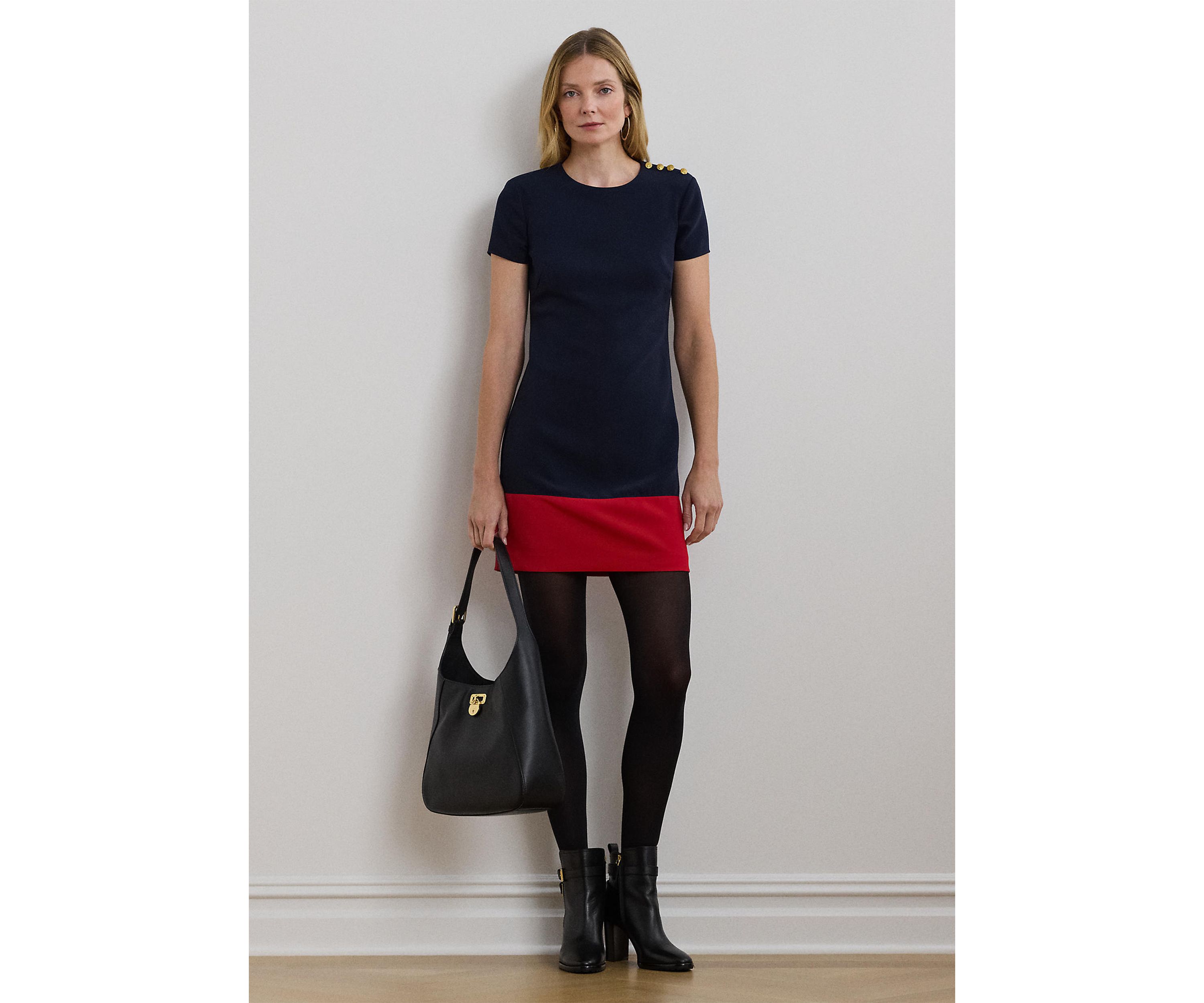 Two Tone Button Trim Crepe Shift Dress