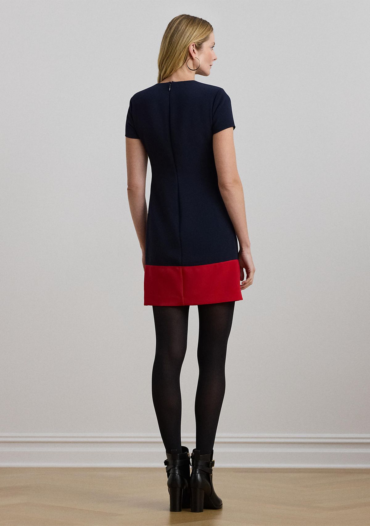 Two Tone Button Trim Crepe Shift Dress