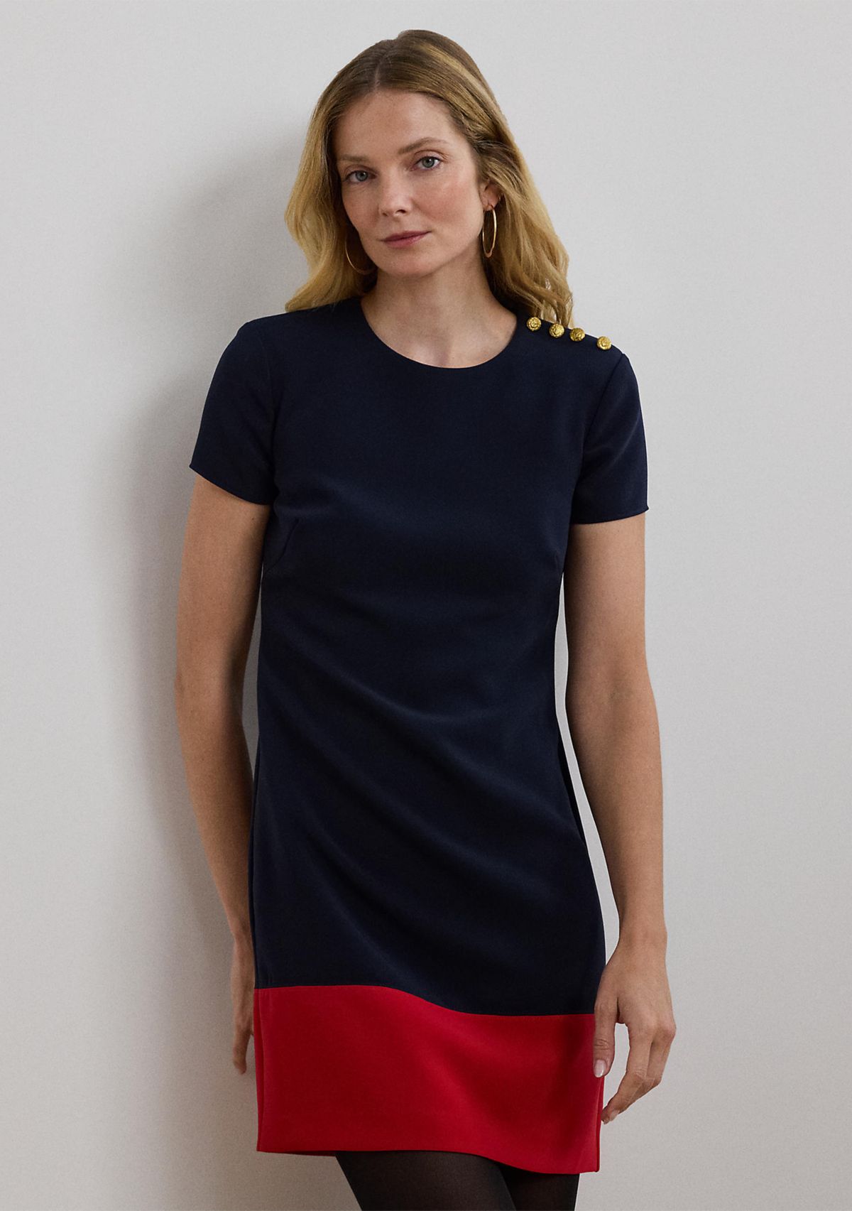 Two Tone Button Trim Crepe Shift Dress