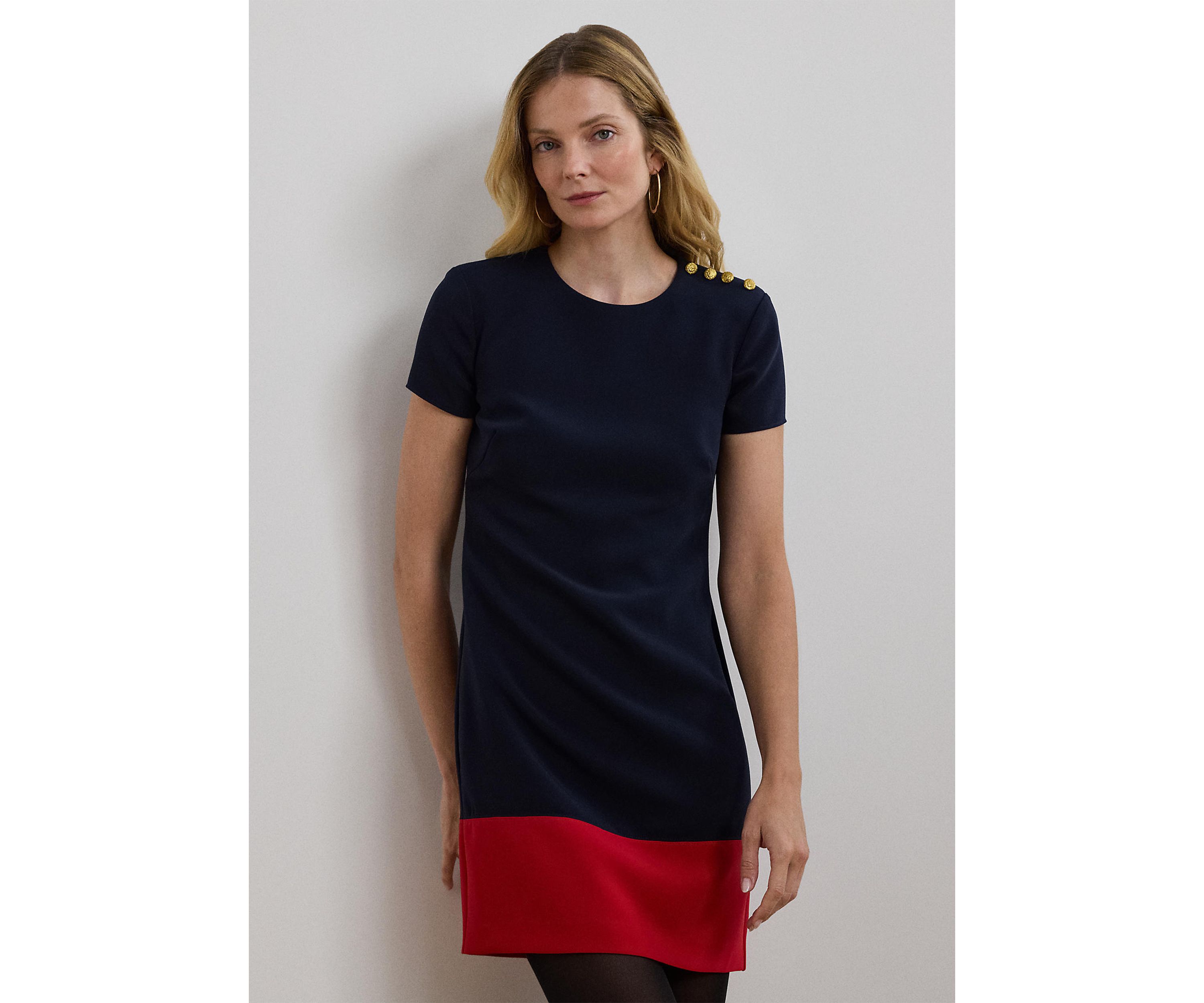 Two Tone Button Trim Crepe Shift Dress